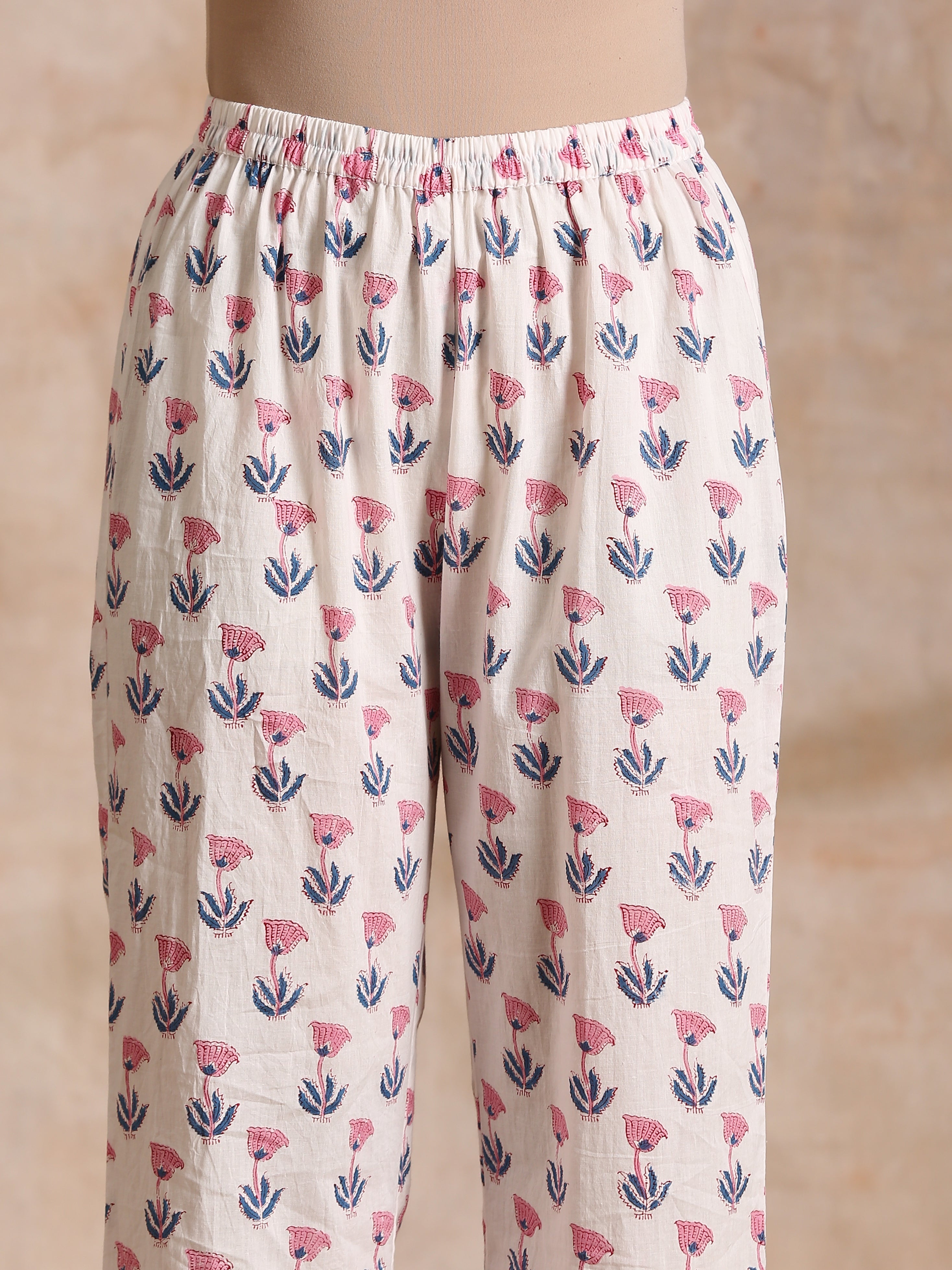 White With Pink Blue Buta Block Print Cotton Kurta Pant Set