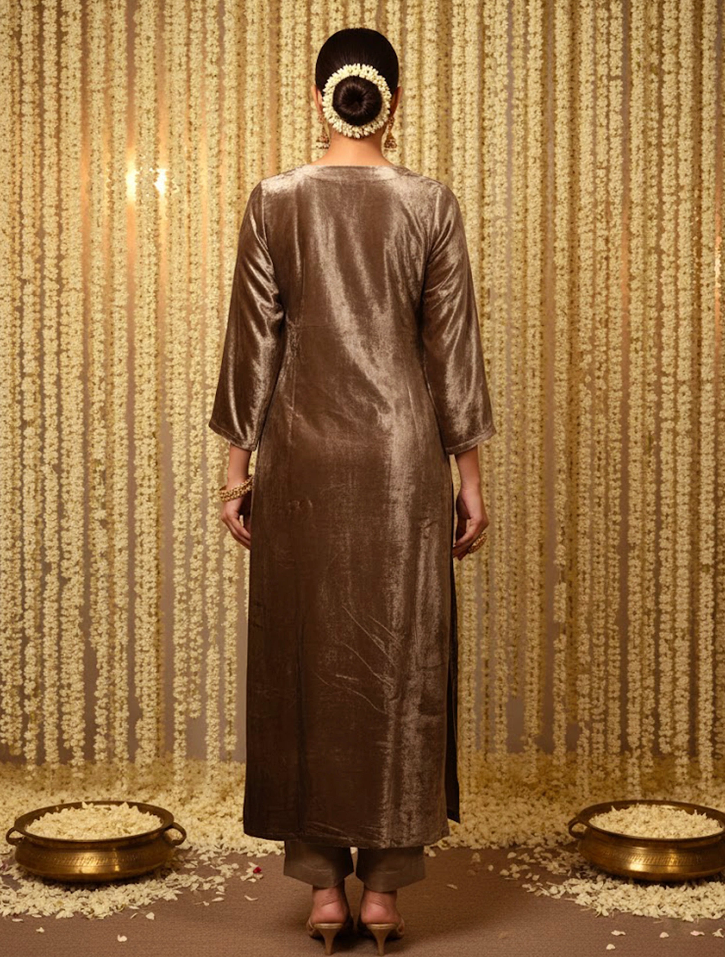 trueBrowns Velvet Grey Gleam Embroidered Kurta Pants Dupatta Set