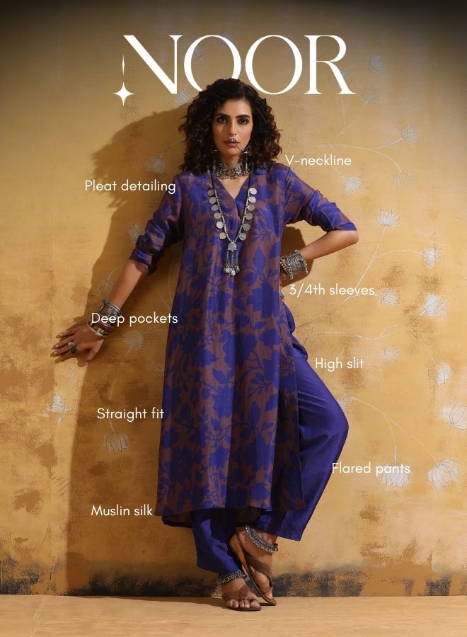 trueBrowns Purple Jaal Print Muslin Silk Straight Kurta Set