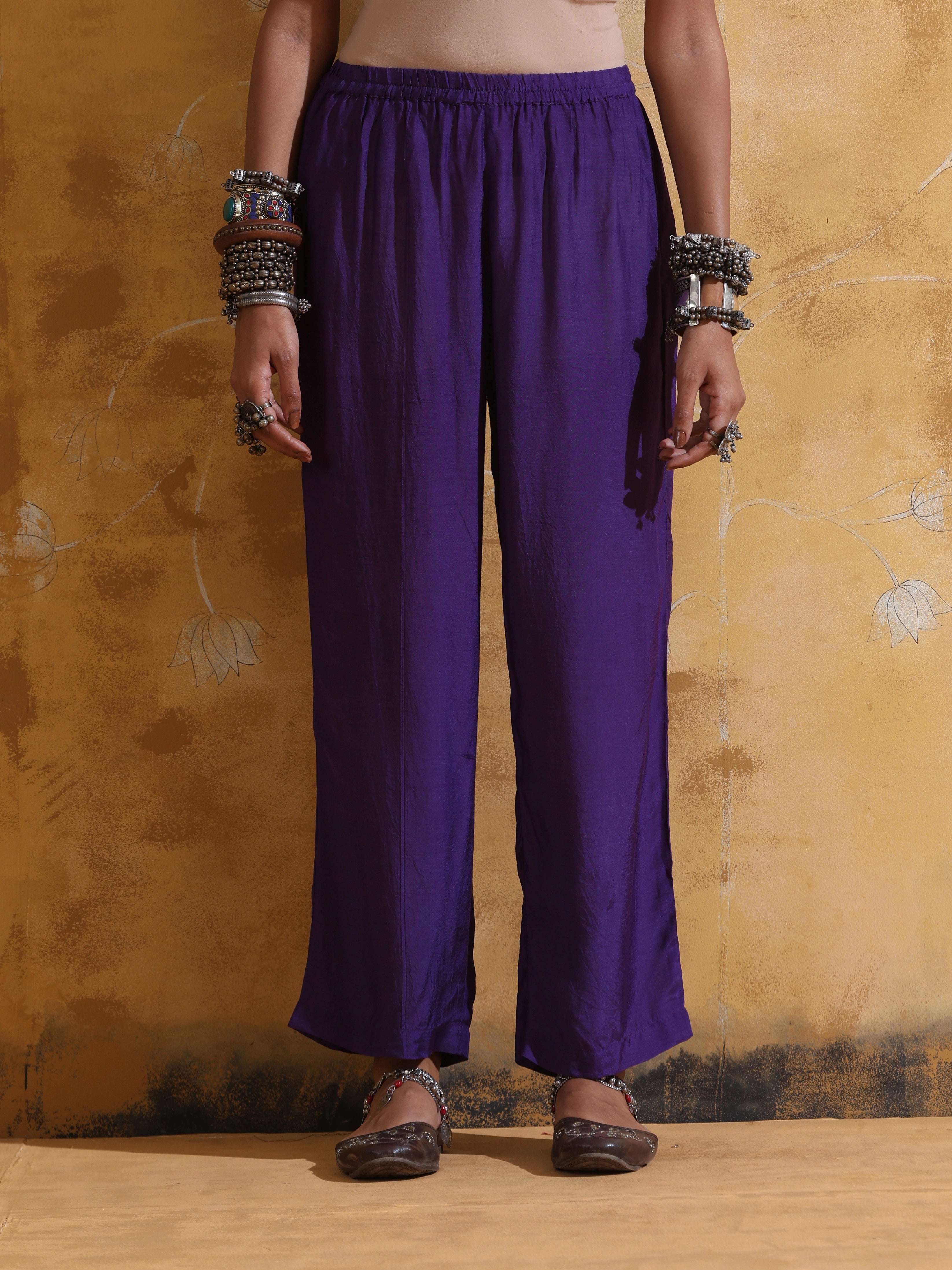 trueBrowns Purple Muslin Silk Flared Kurta Pant Set