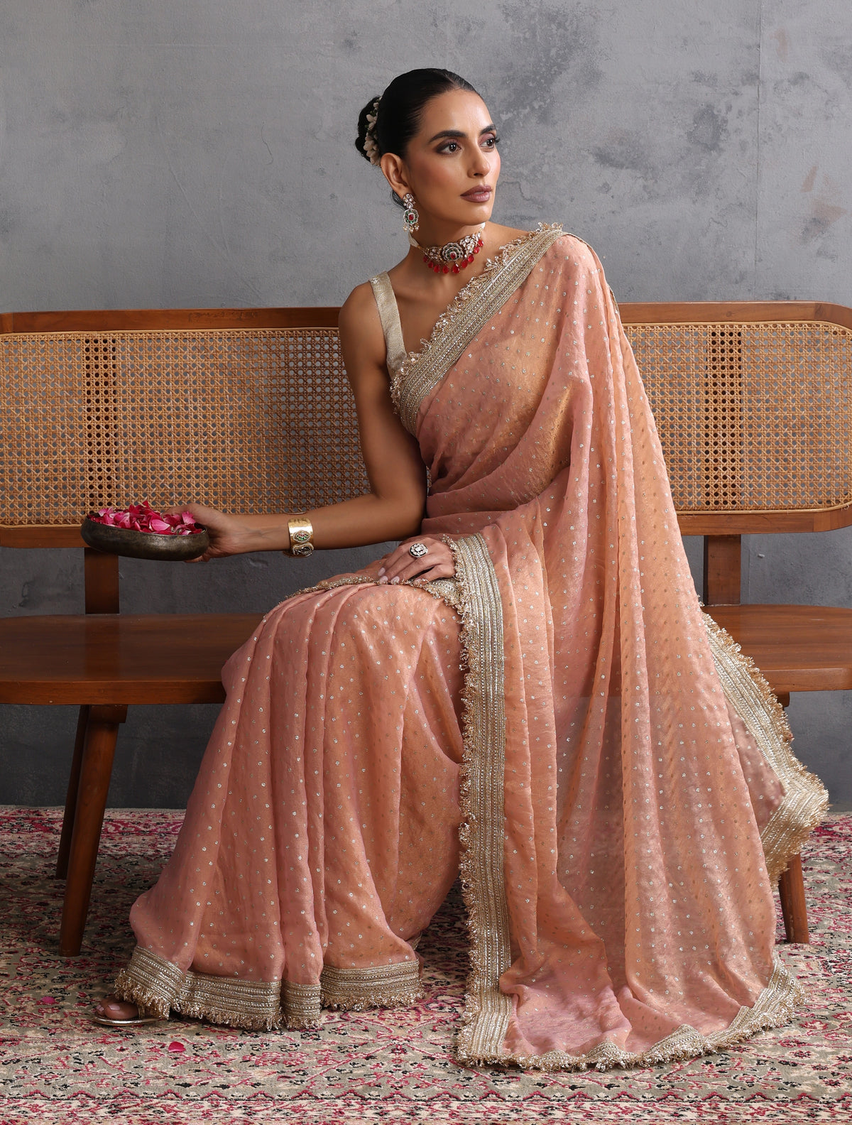 trueBrowns Peach Tissue Foil Printed Saree With Unstitched Blouse