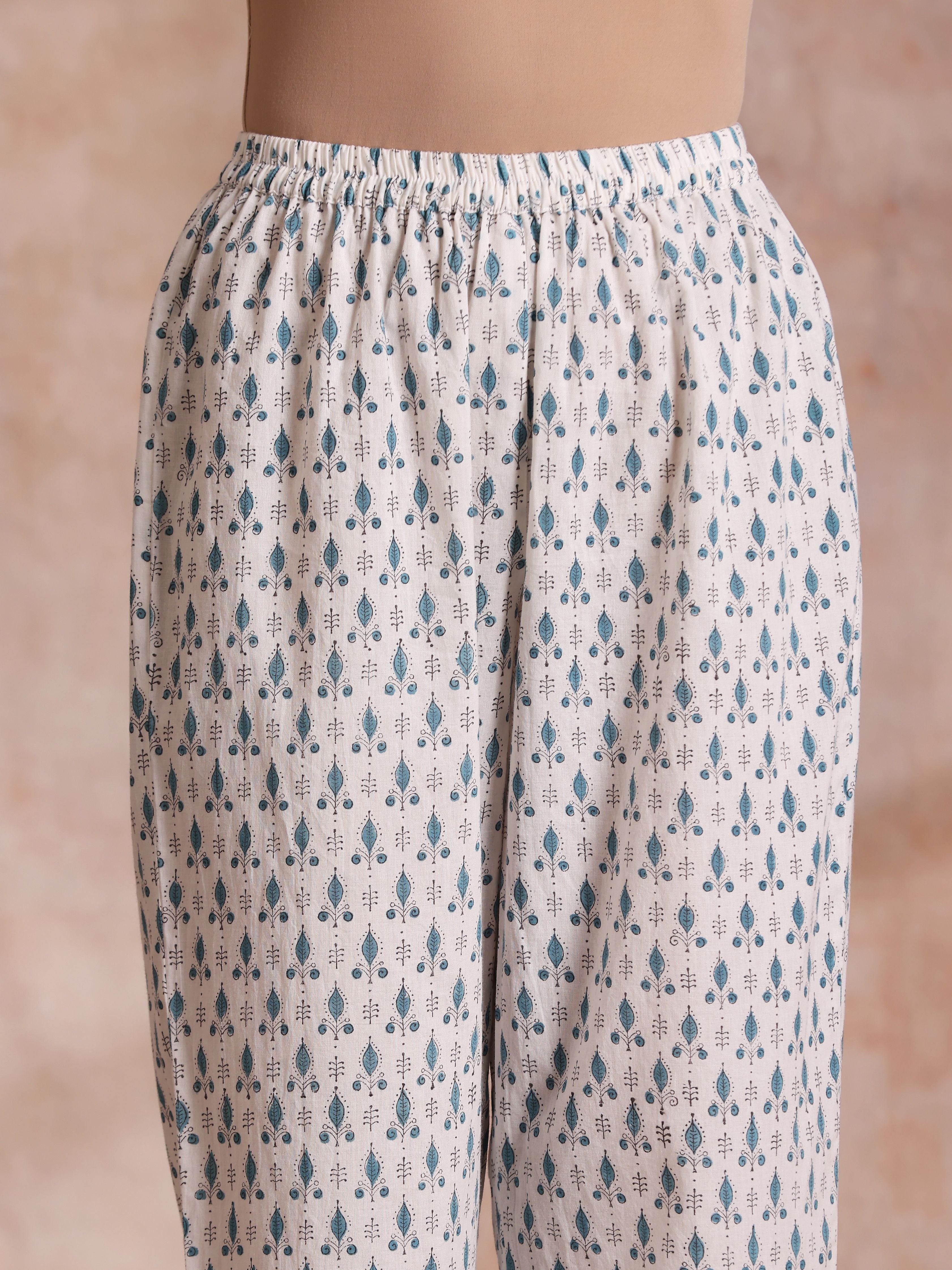 White With Teal Buta Block Print Cotton Front Neck Gathered Kurta Pant Set