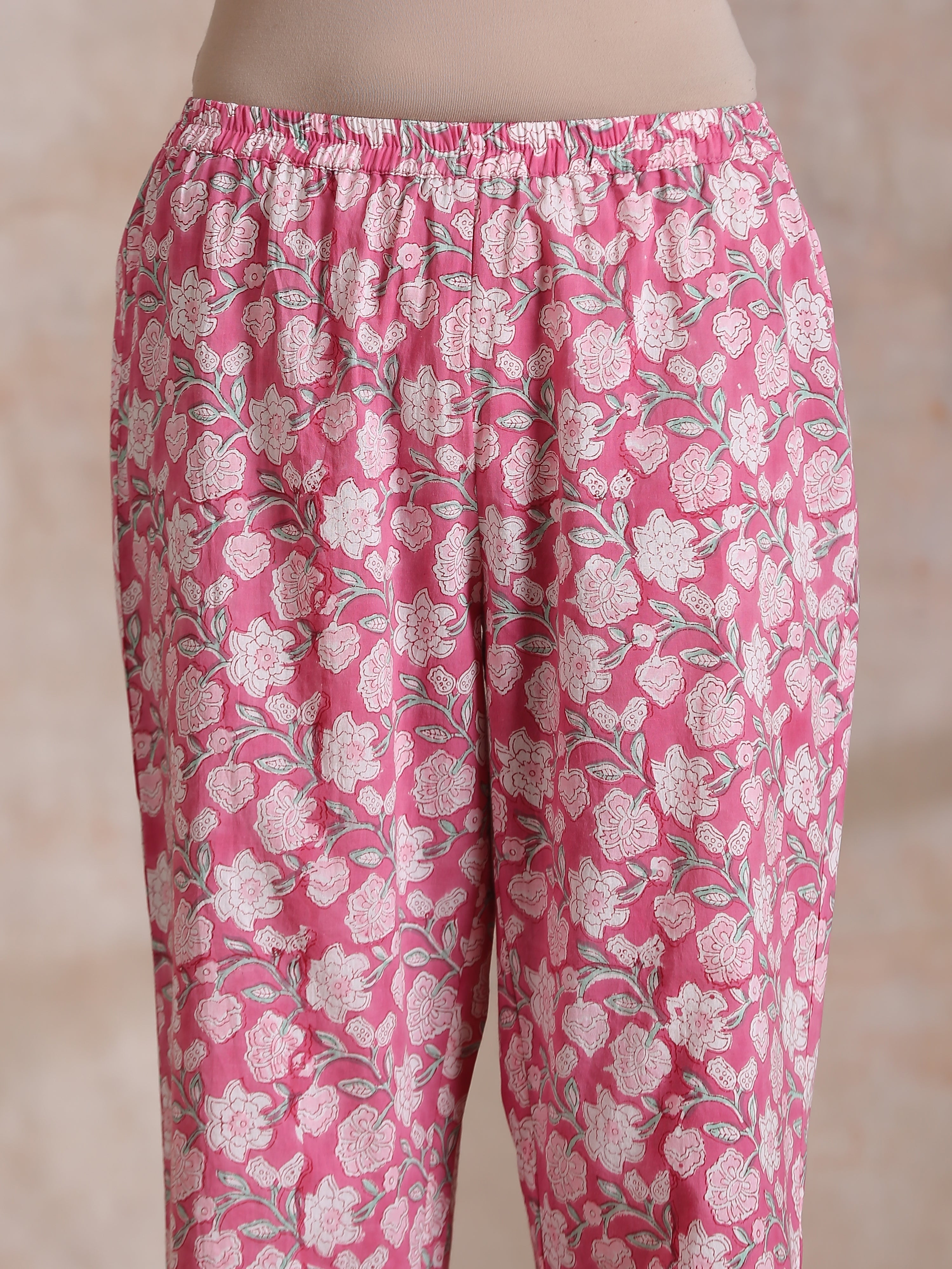 Pink Green Floral On White Block Print Cotton Sleeveless Flared Kurta Pant Set