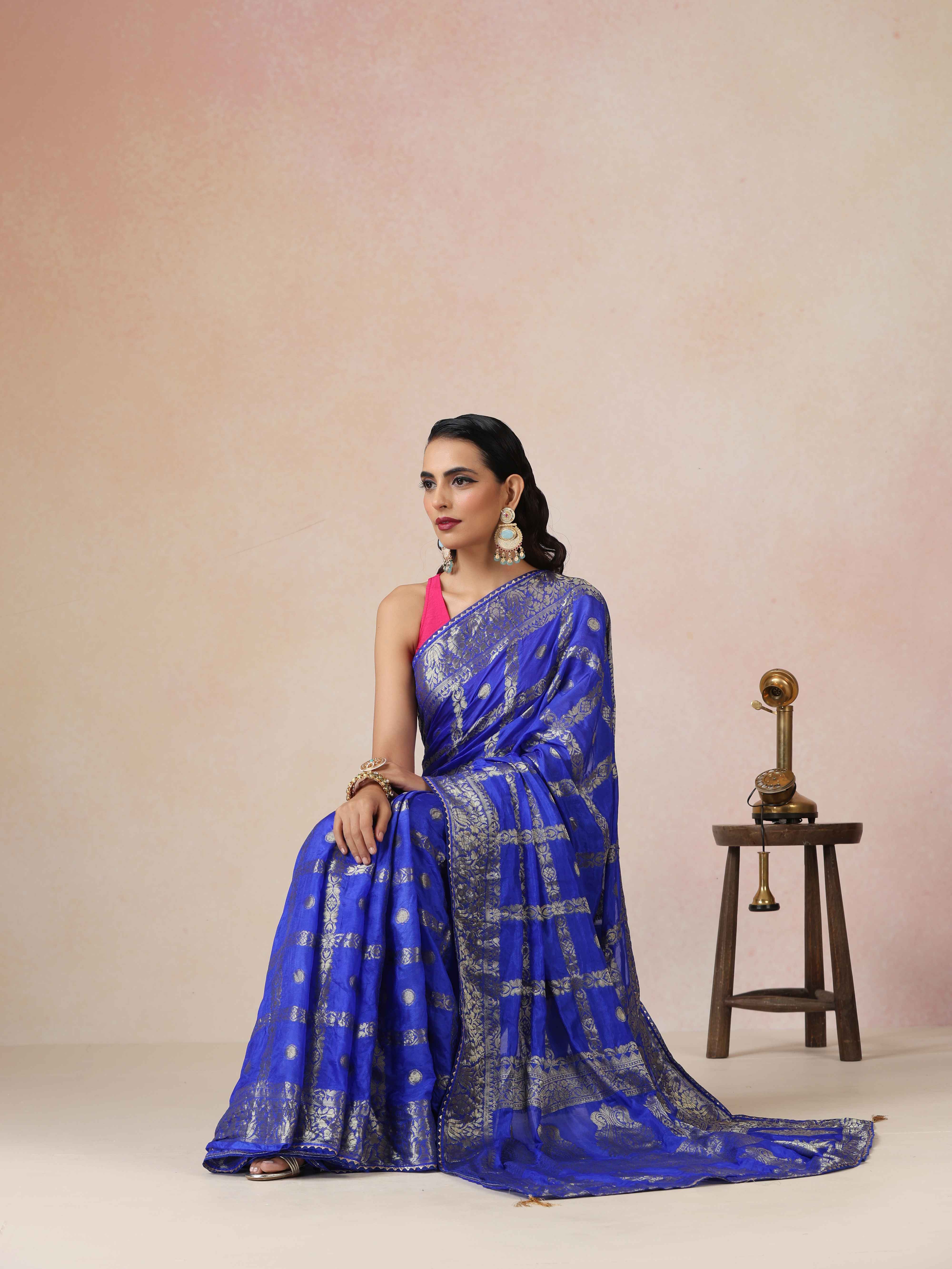 trueBrowns Electric Blue Bandhani Jacquard Saree With Unstitched Blouse