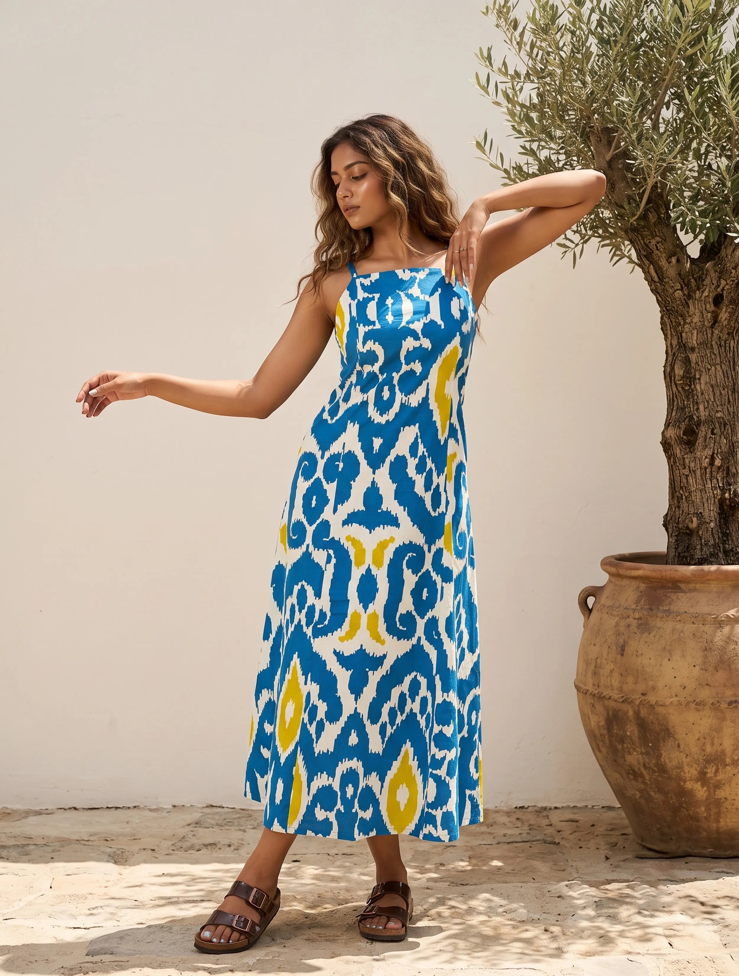 trueBrowns Blue Ikat Print Cotton Strappy Maxi Dress