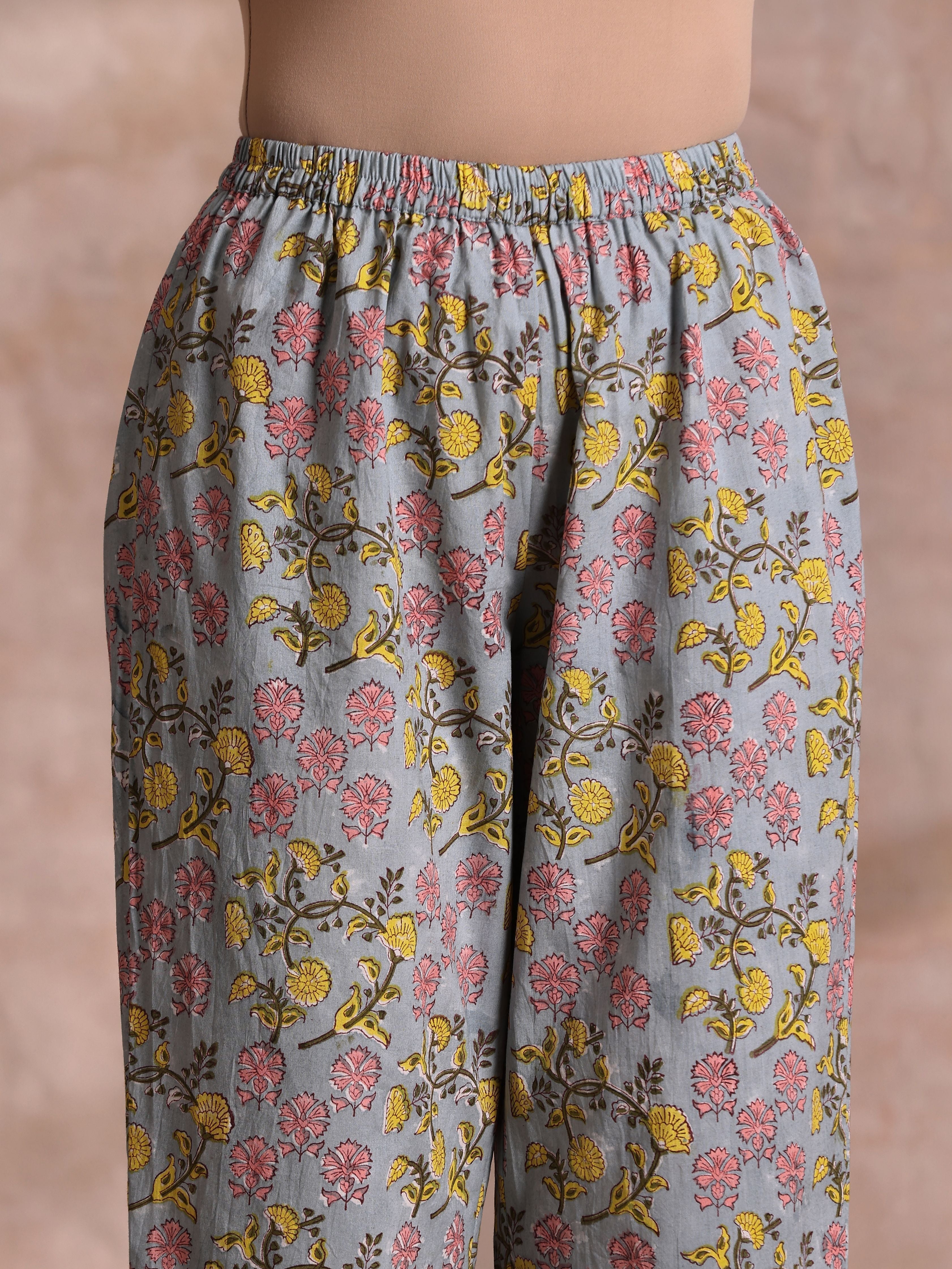 Grey Overall Floral Block Print Cotton Sleeveless Flared Kurta Pant Set