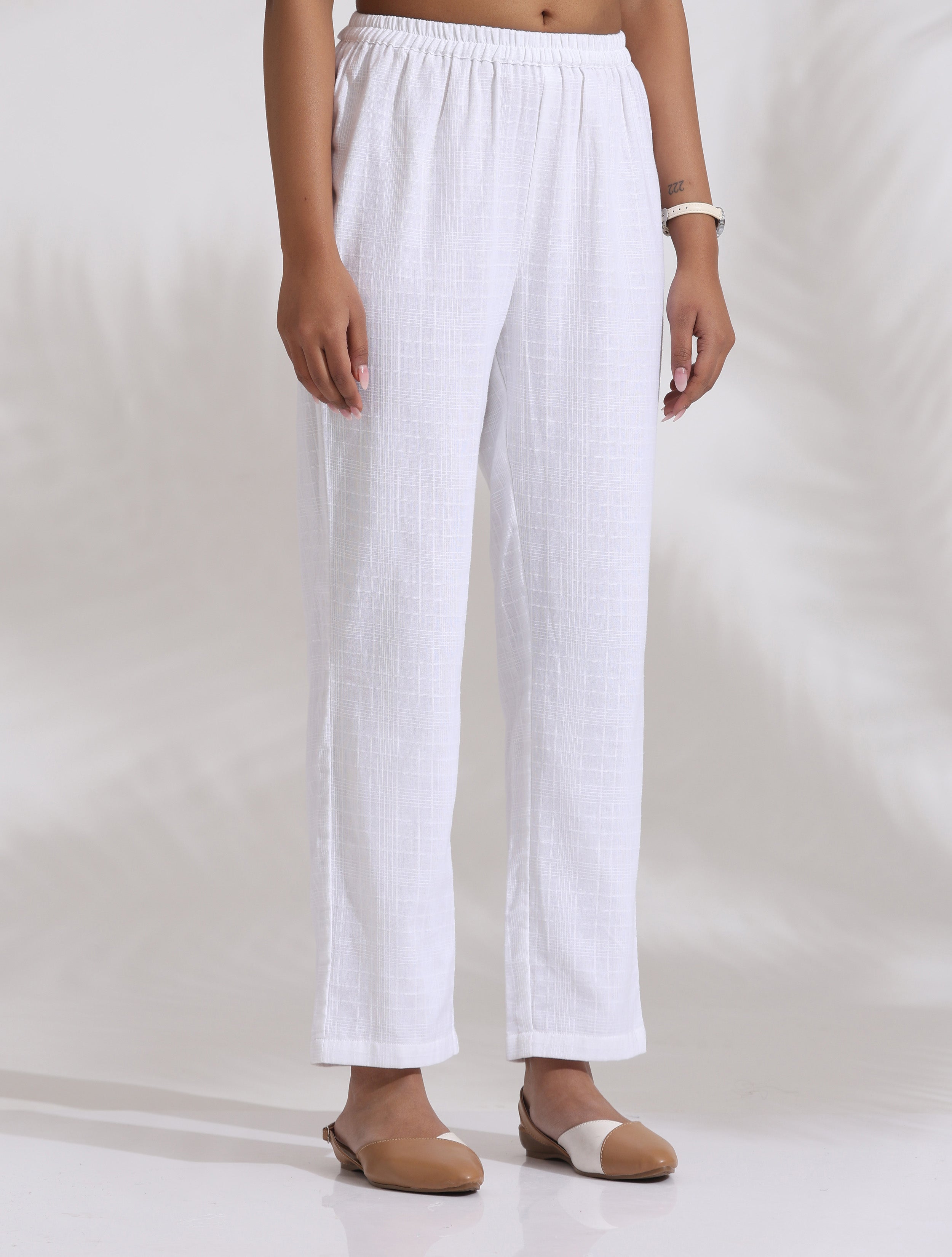 trueBrowns White Cotton Check Kurta Co-ord Set