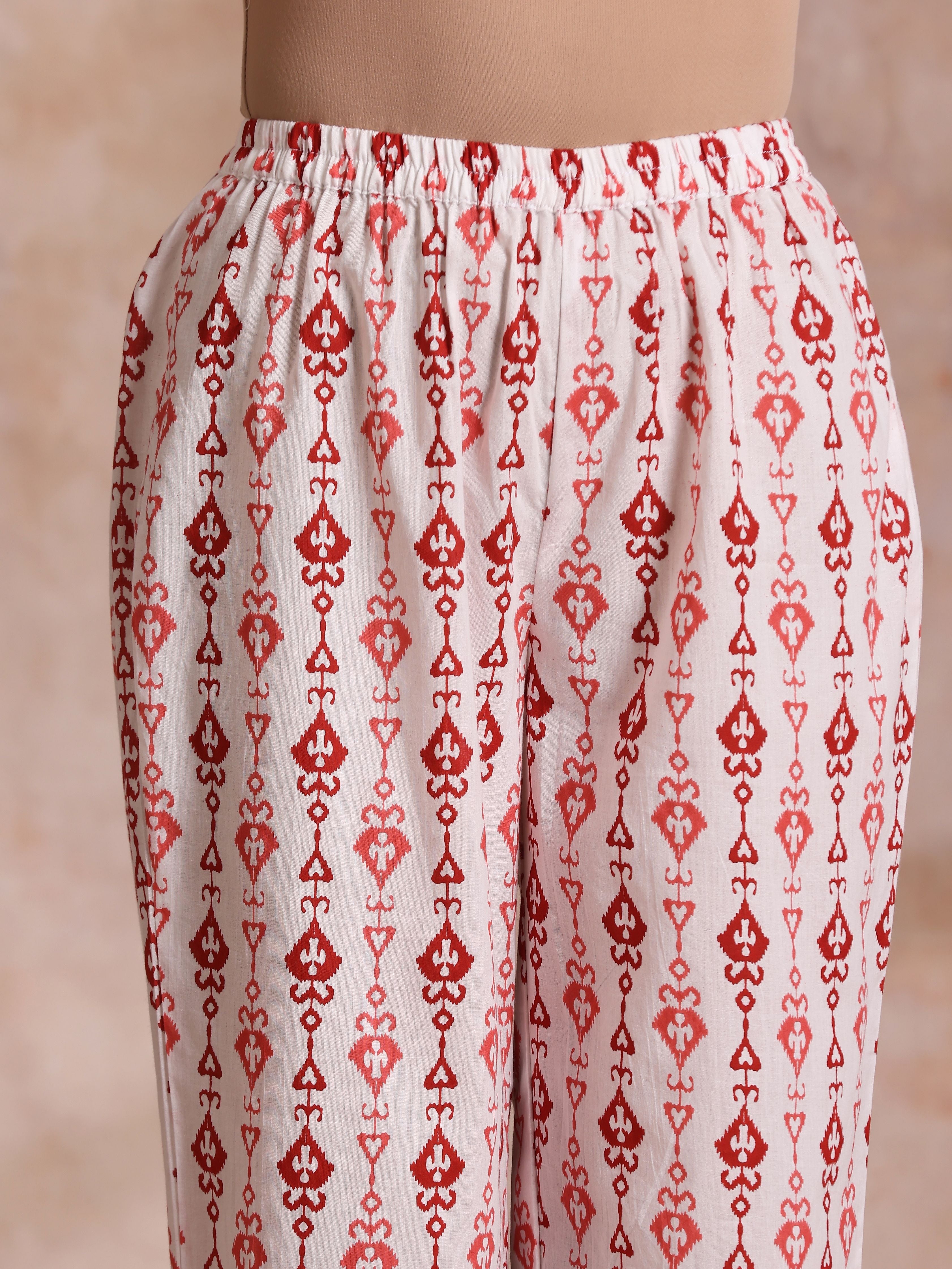 Red On Red Ikat Print Cotton Kurta Pant Set