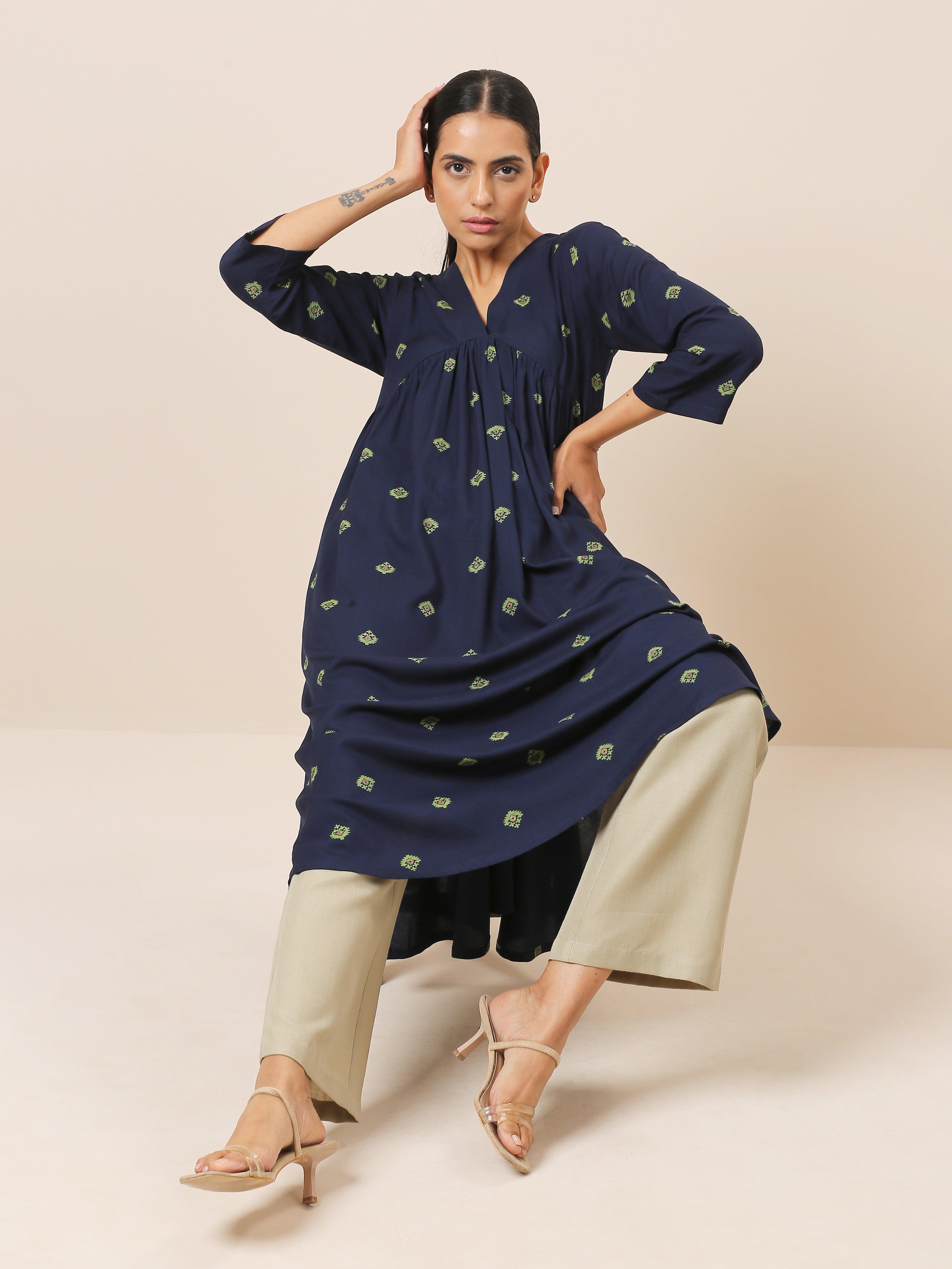 Cotton Blue Printed Slit Kurta Pant Set - trueBrowns