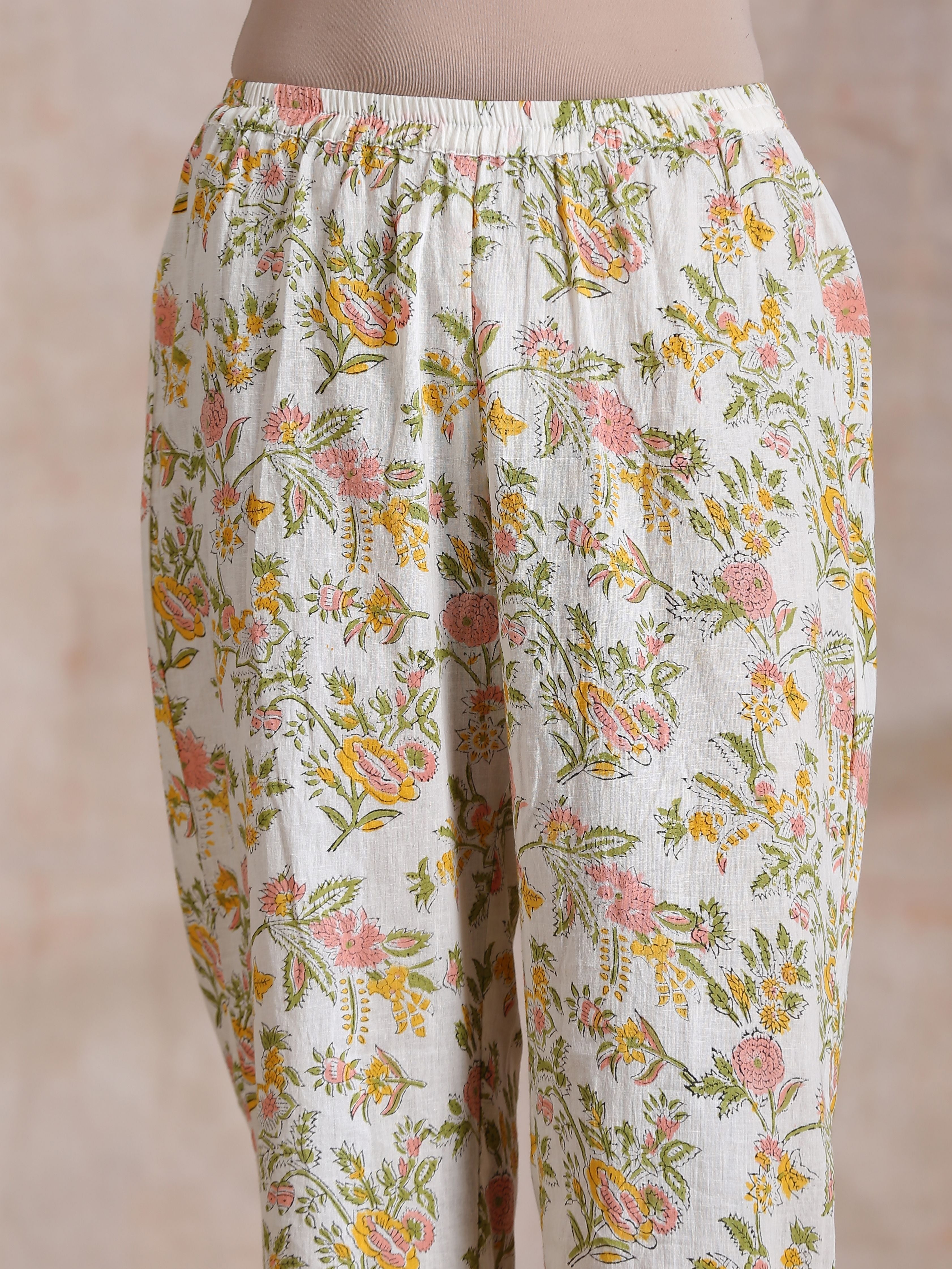 Pink Yellow Floral On White Block Print Cotton Panel Kaftan Kurta Pant Set