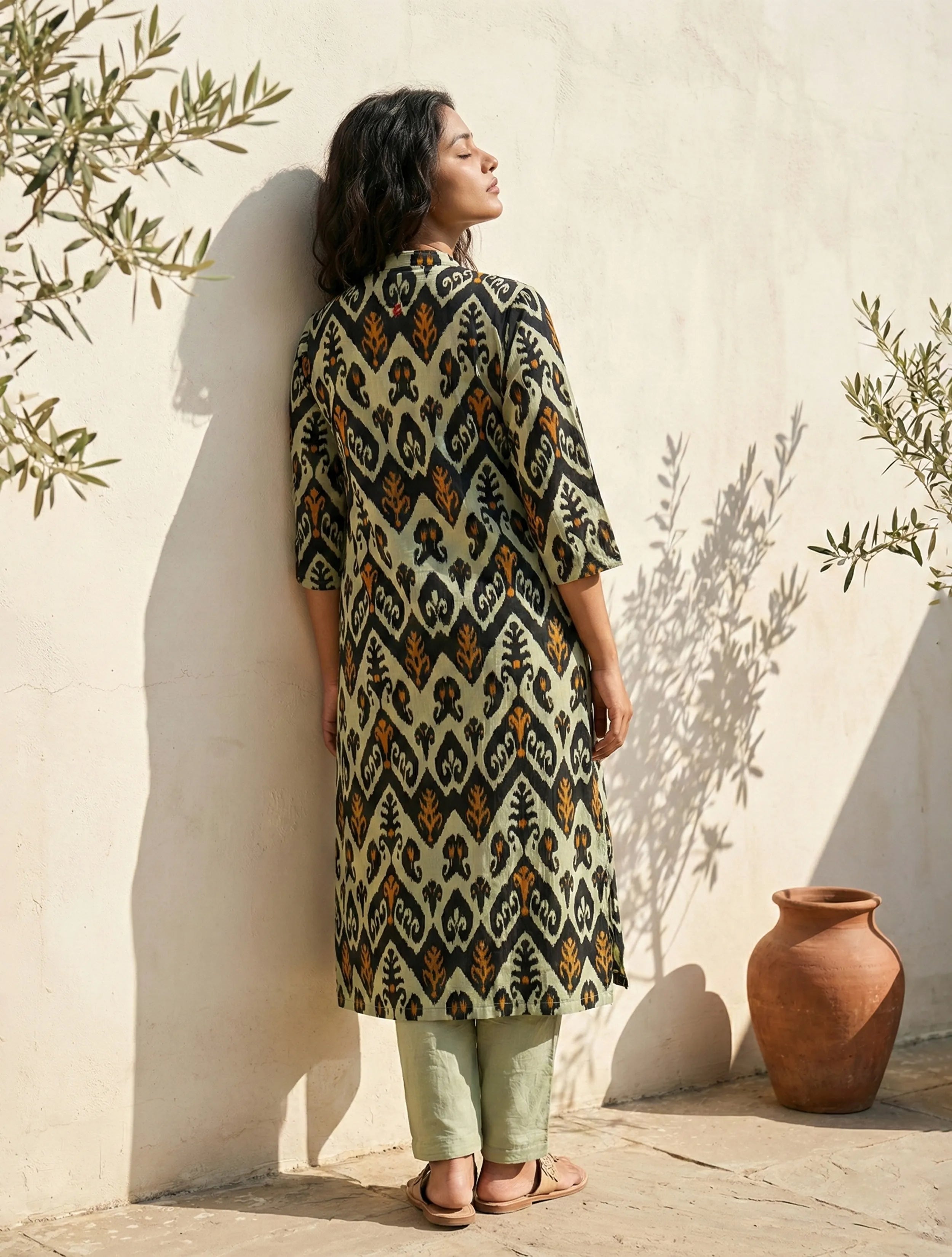trueBrowns Mint Green Ikat Print Cotton Kurta Set