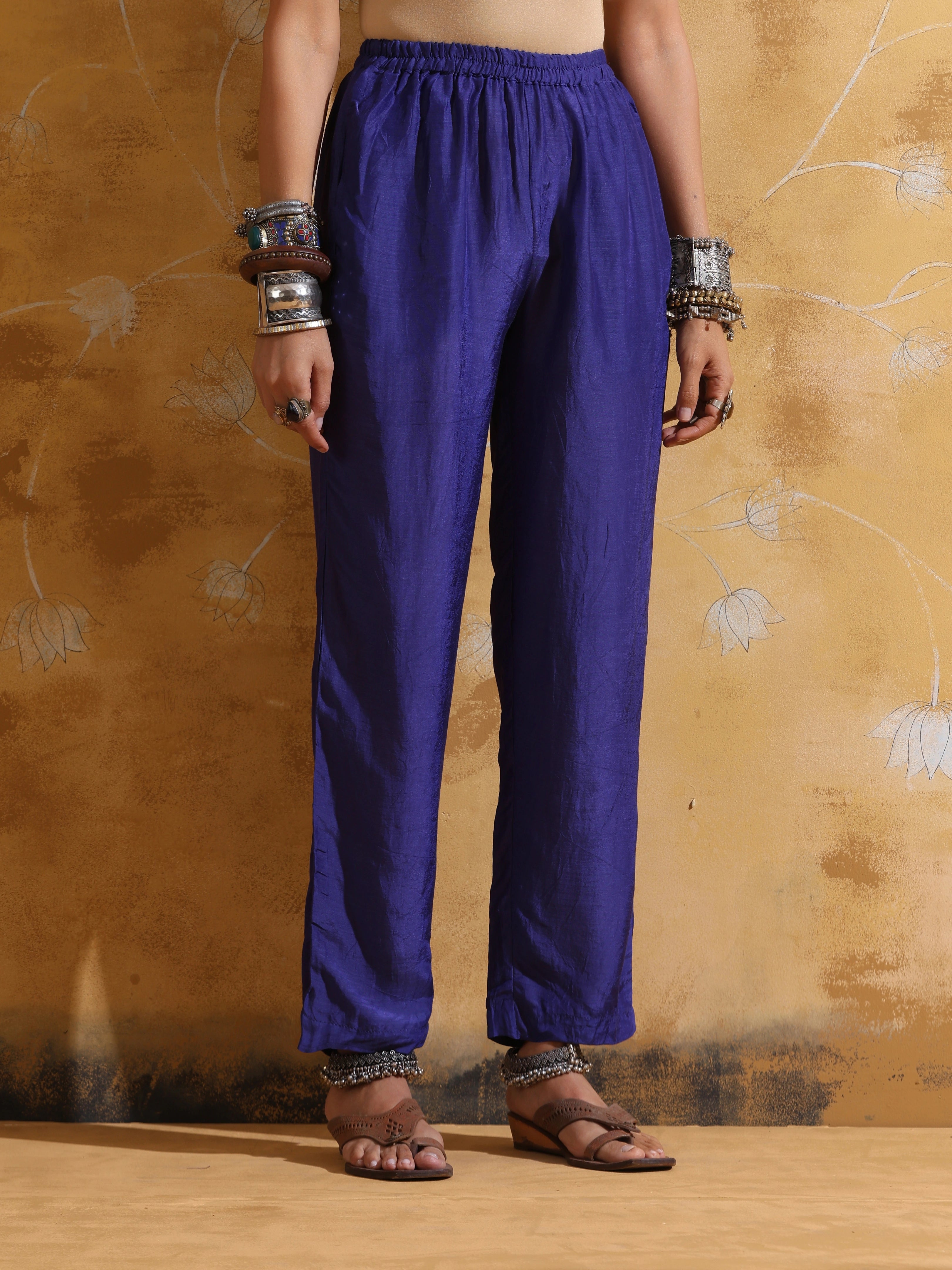 trueBrowns Purple Mustard Floral Print Muslin Silk A-line Kurta Co-ord Set