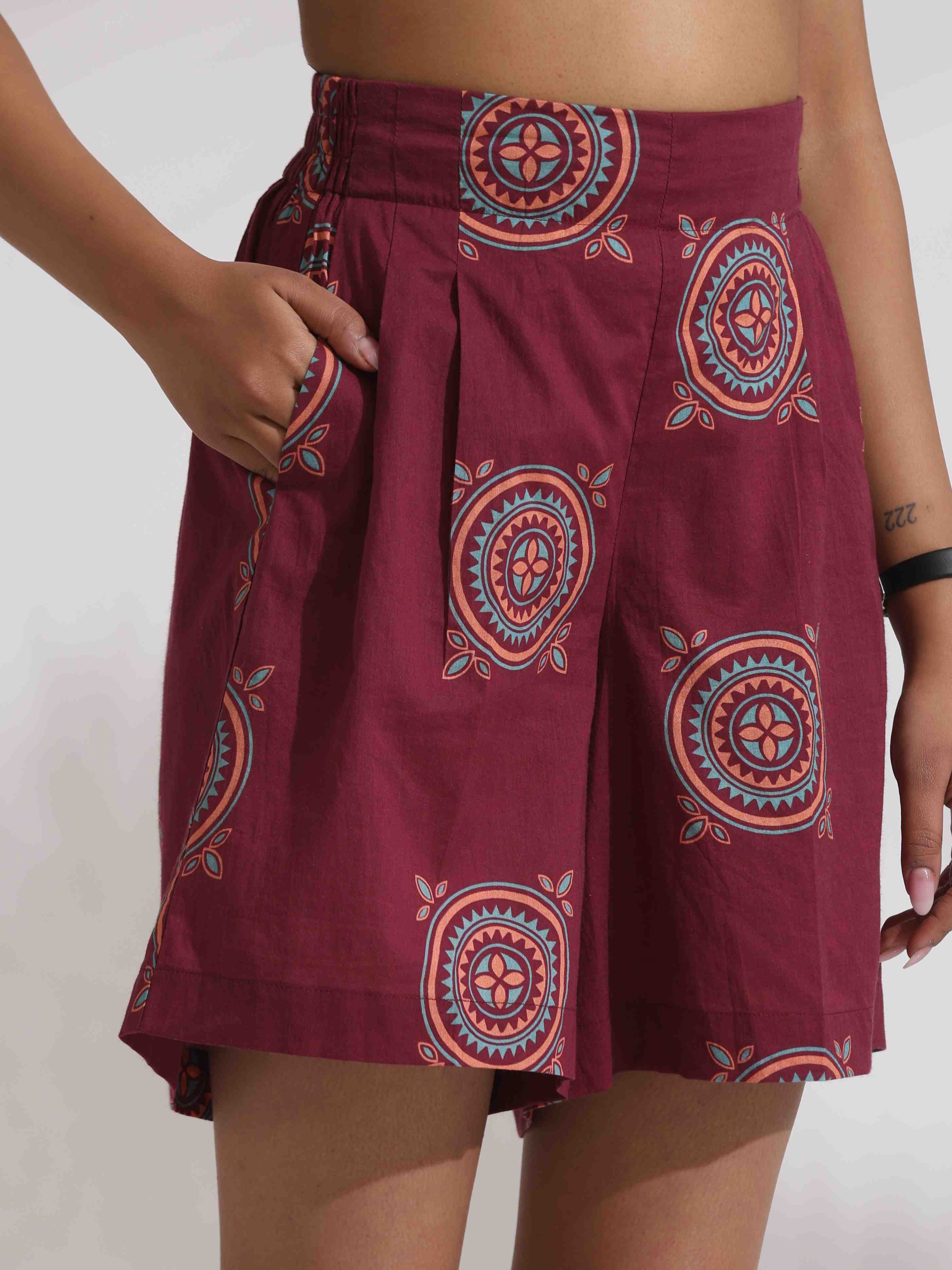 trueBrowns Purple Cotton Print Short Co-ord Set