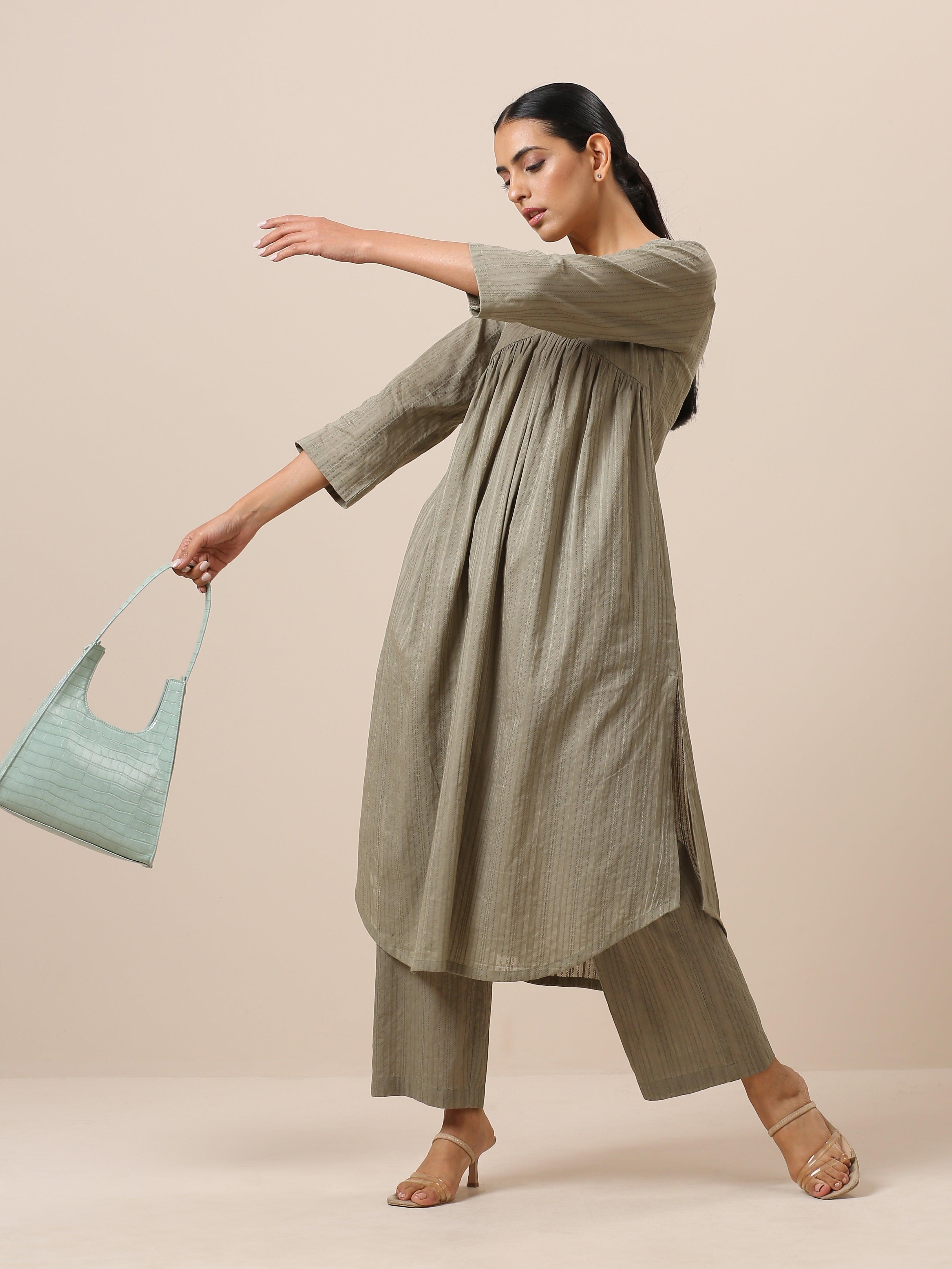 Cotton Olive Green Flared Slit Kurta Pant Set - trueBrowns