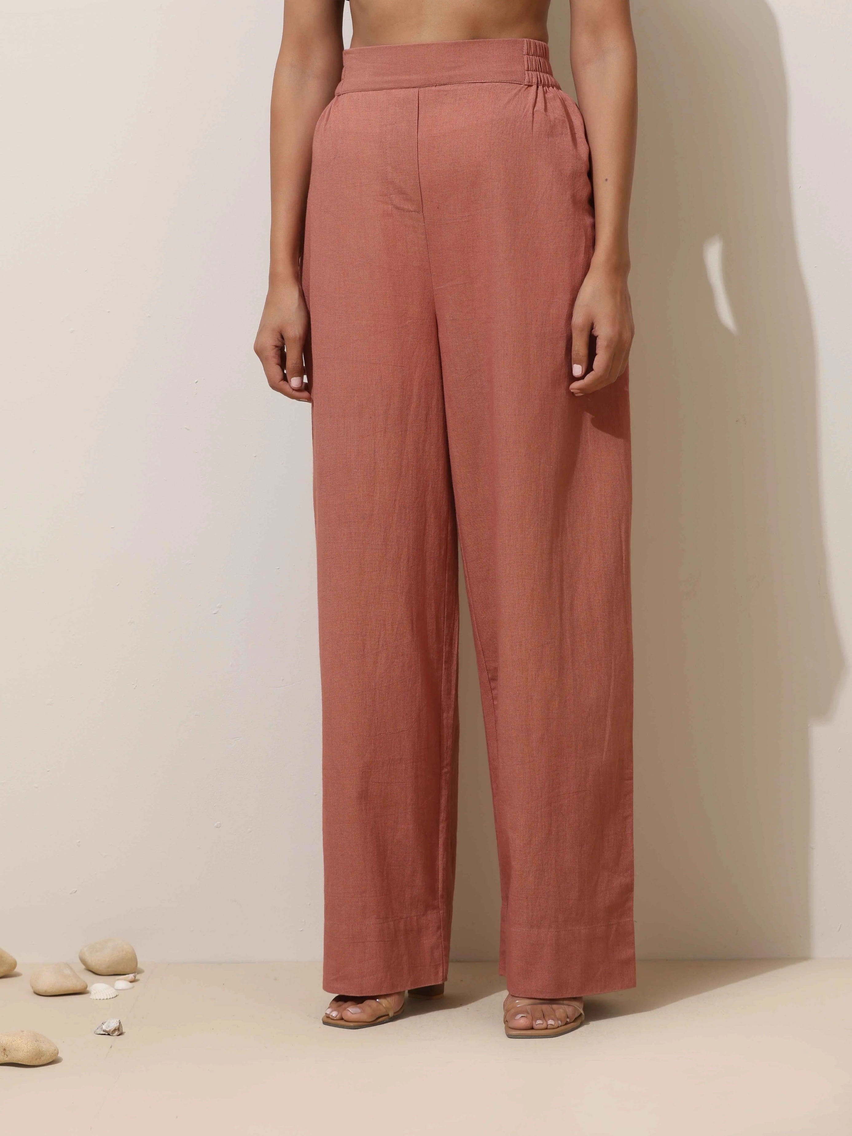 trueBrowns Peach Cotton Linen Kurta Pant Set