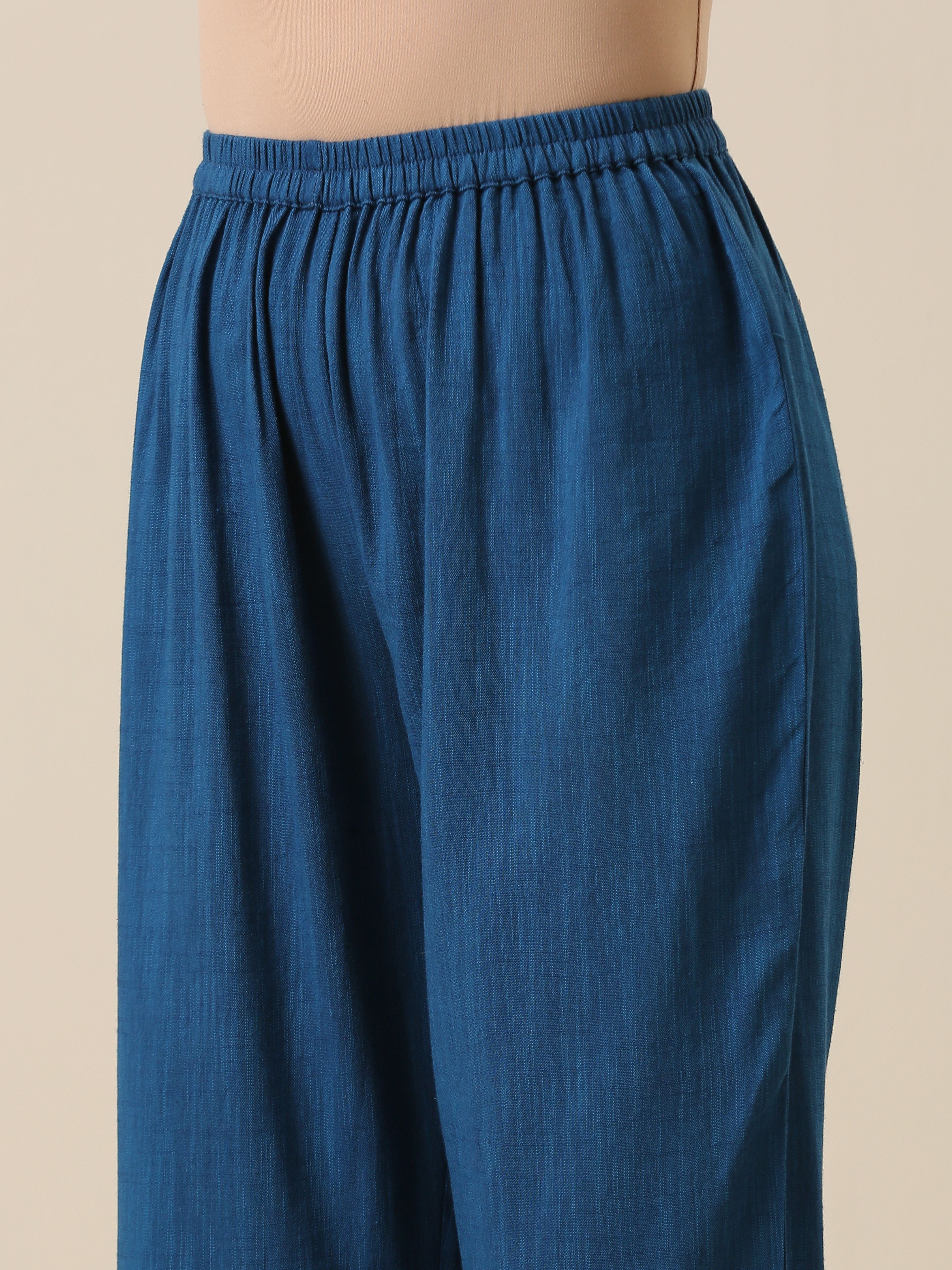 Classic Blue Slub Texture Overlap Pleat Kurta Pant Set