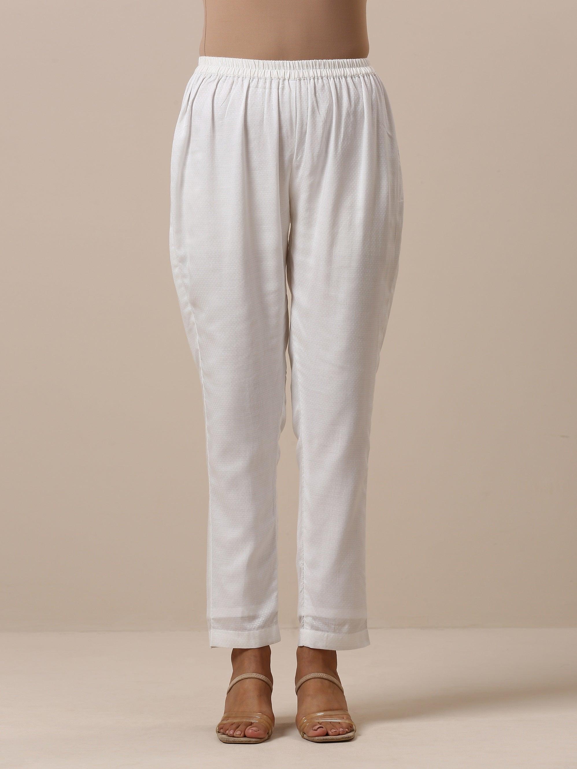 Cotton White Embroidered Flared Kurta Pant Set - trueBrowns