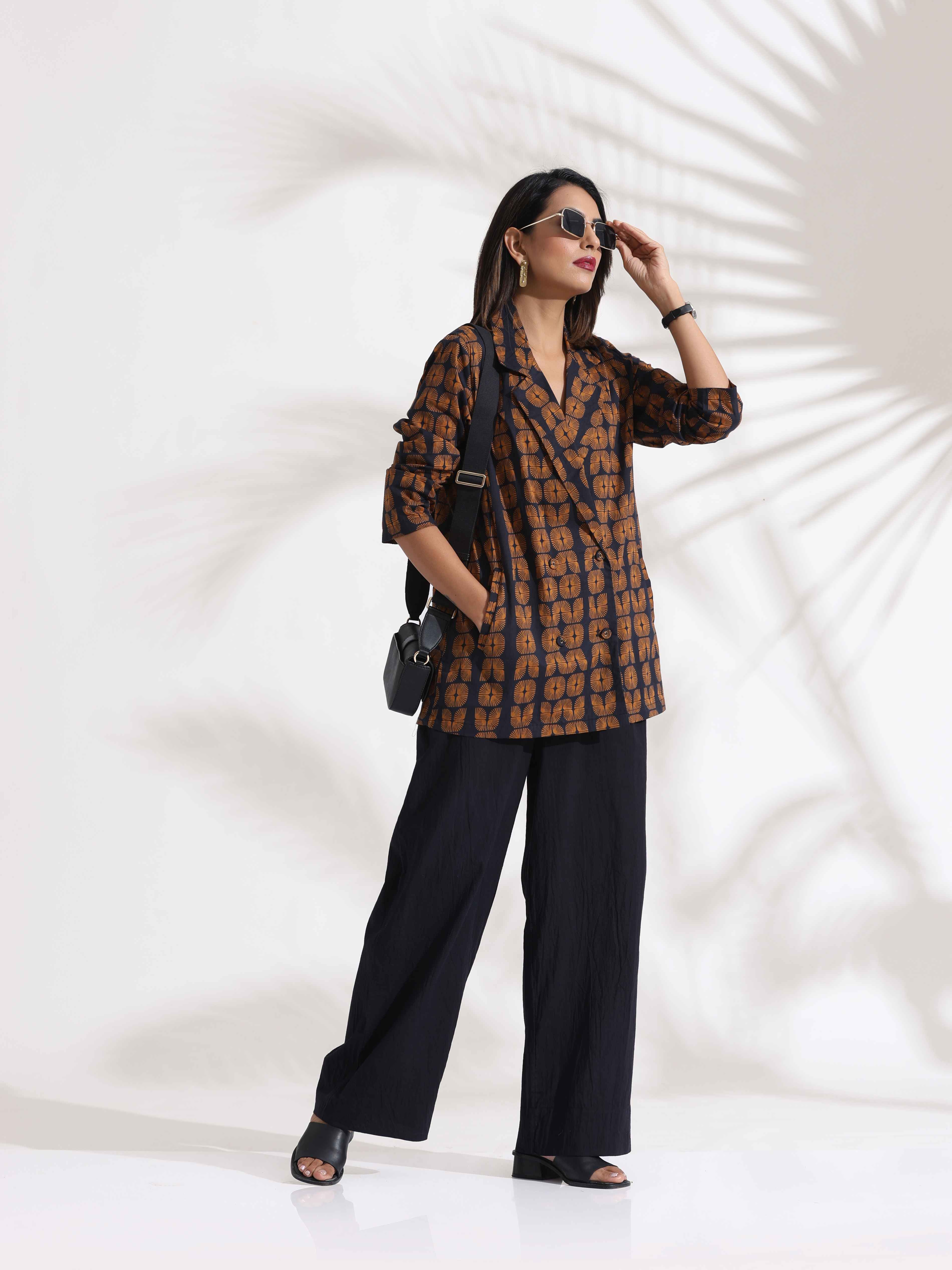 trueBrowns Black Cotton Print Jacket Top Co-ord Set
