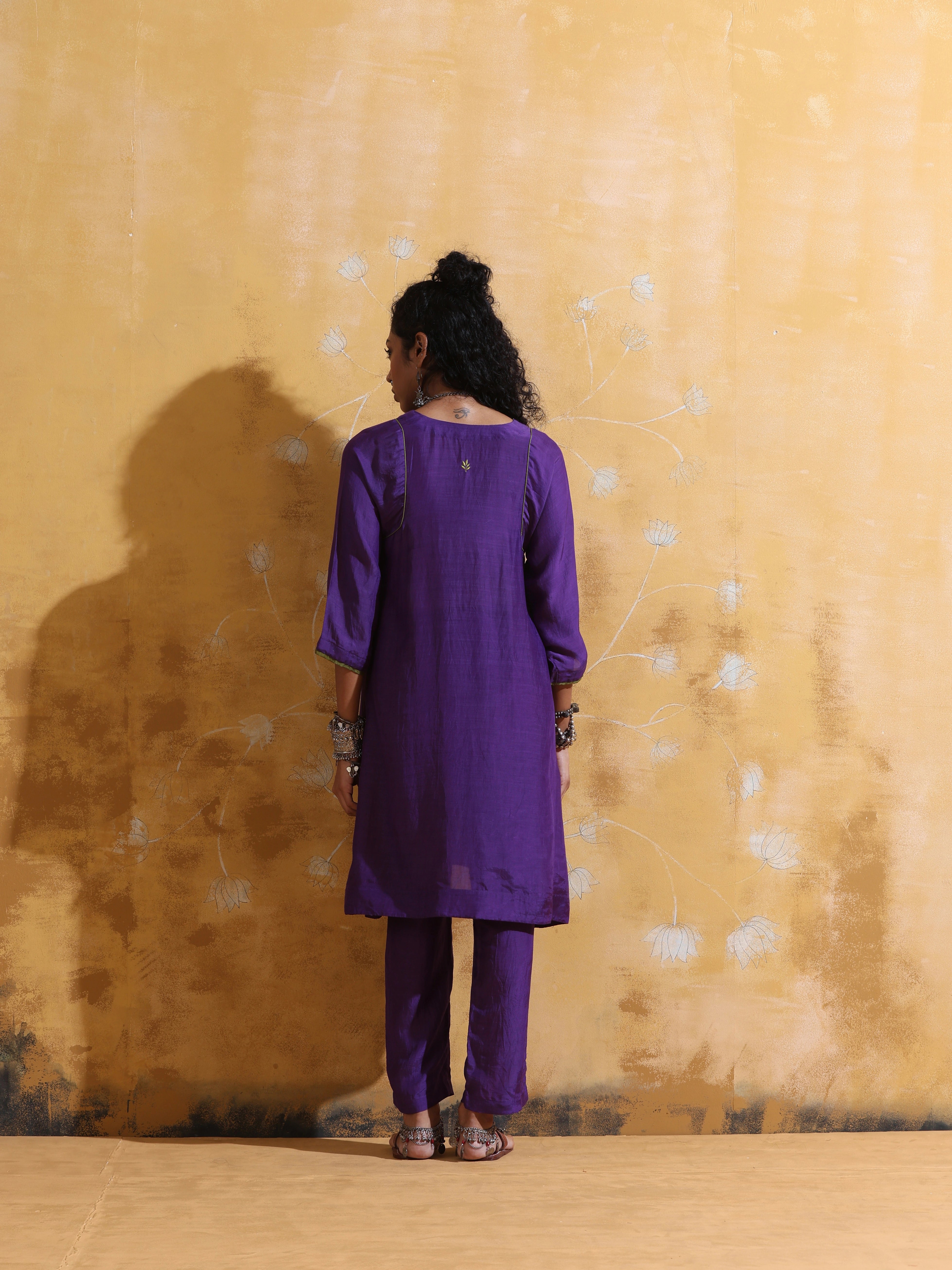 trueBrowns Purple Muslin Silk A-line Kurta Co-ord Set
