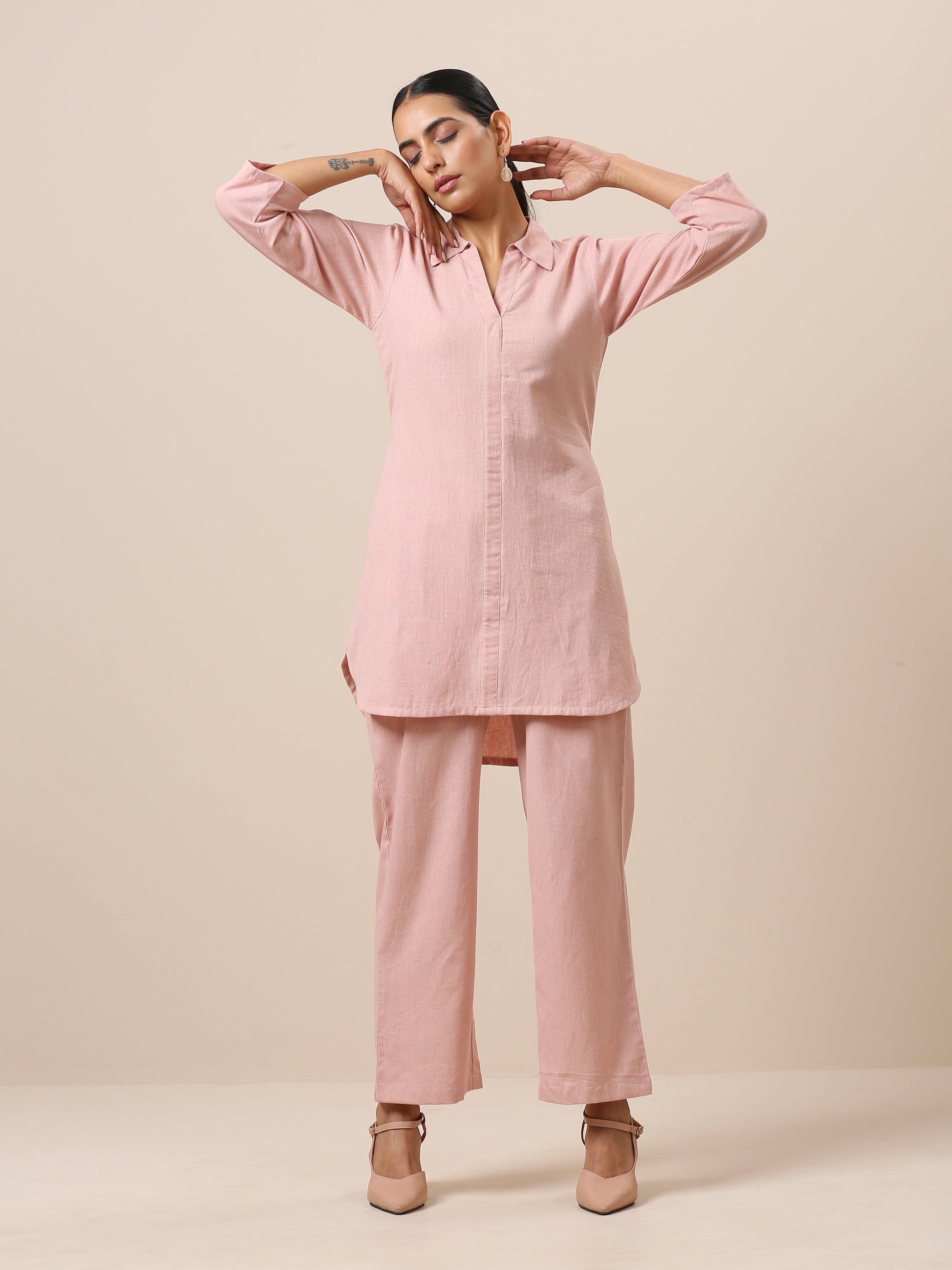 Cotton Rose Pink Collar Short Co-Ord Set - trueBrowns