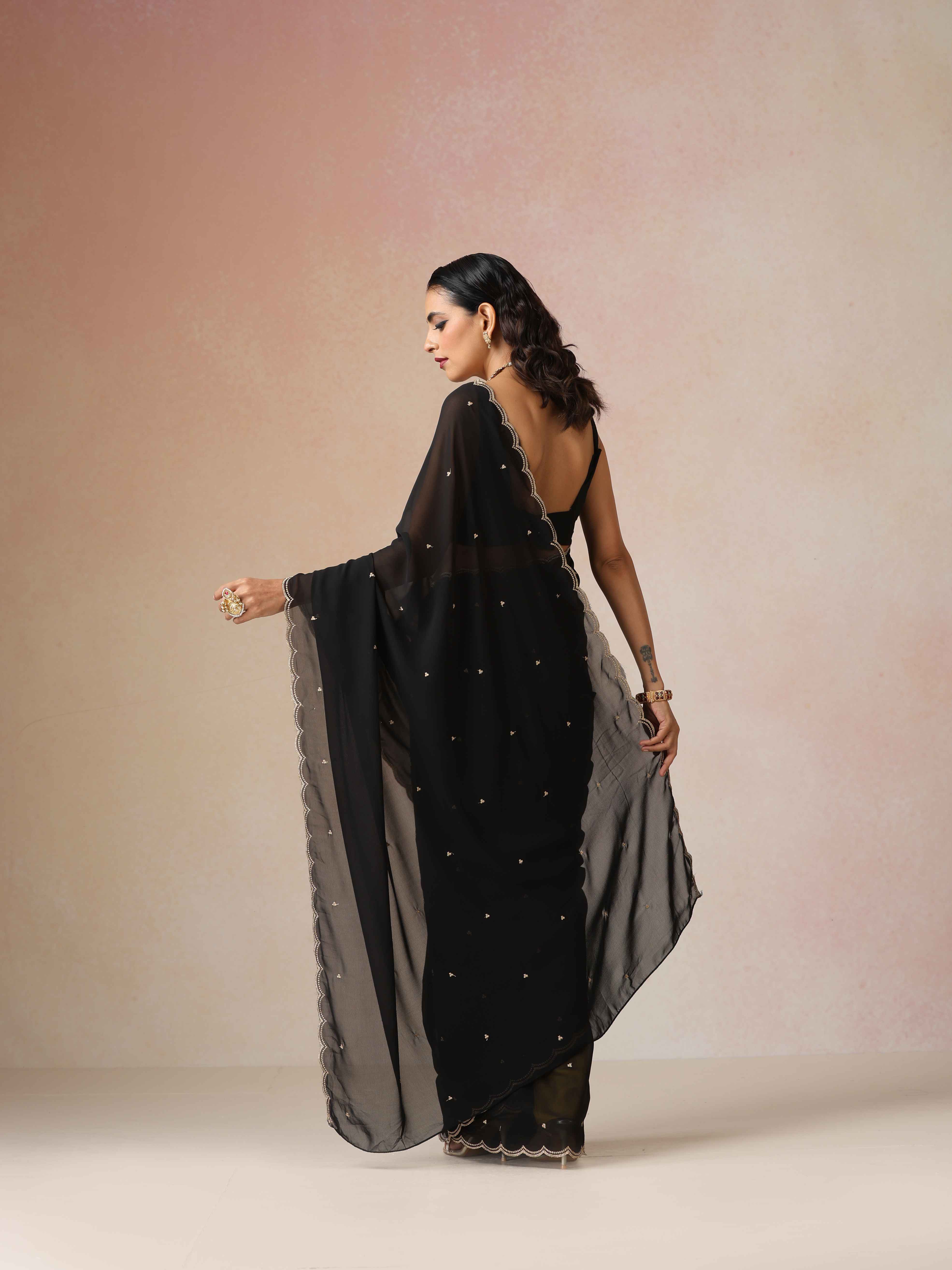 trueBrowns Black Georgette Embroidered Saree With unstitched Blouse