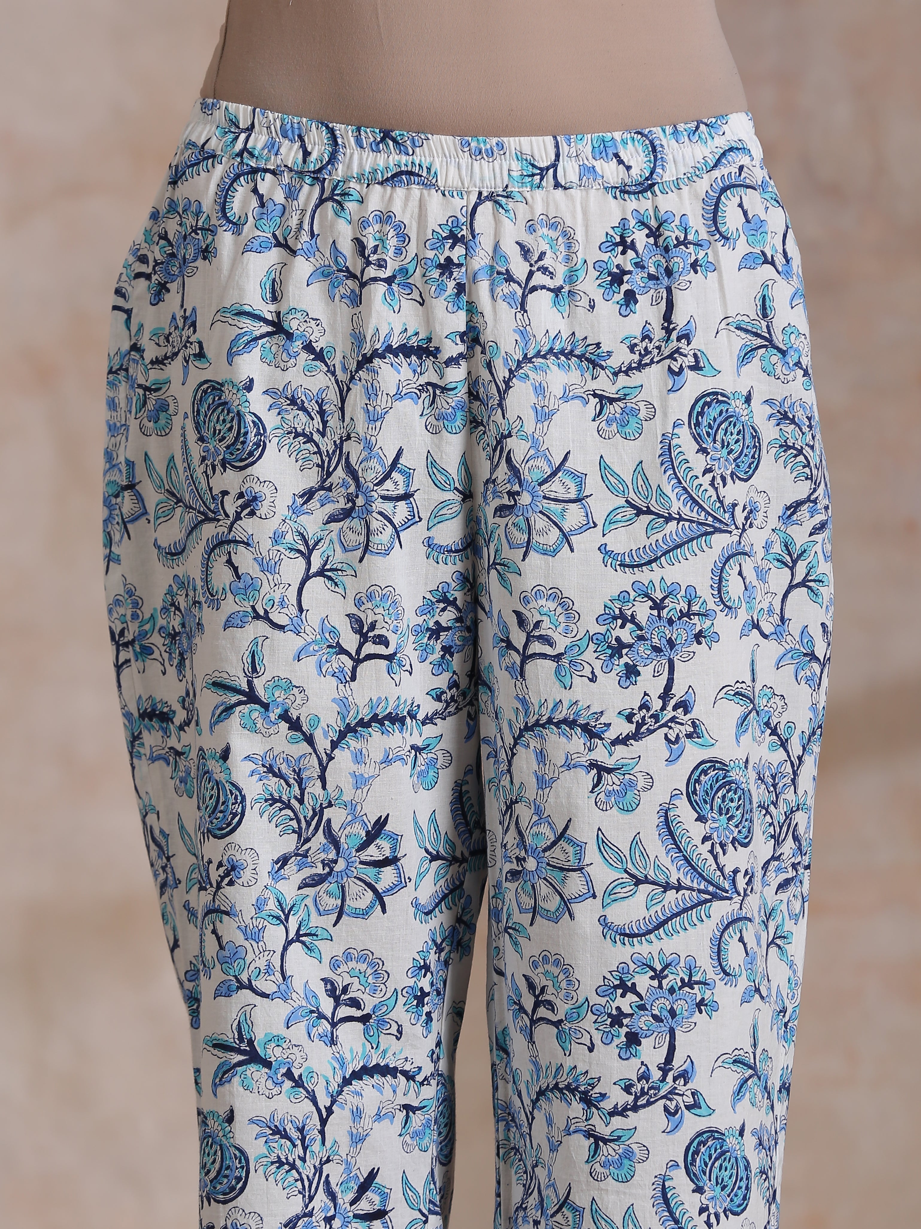 White With Overall Blue Print Cotton Slit Gathered Kurta Set