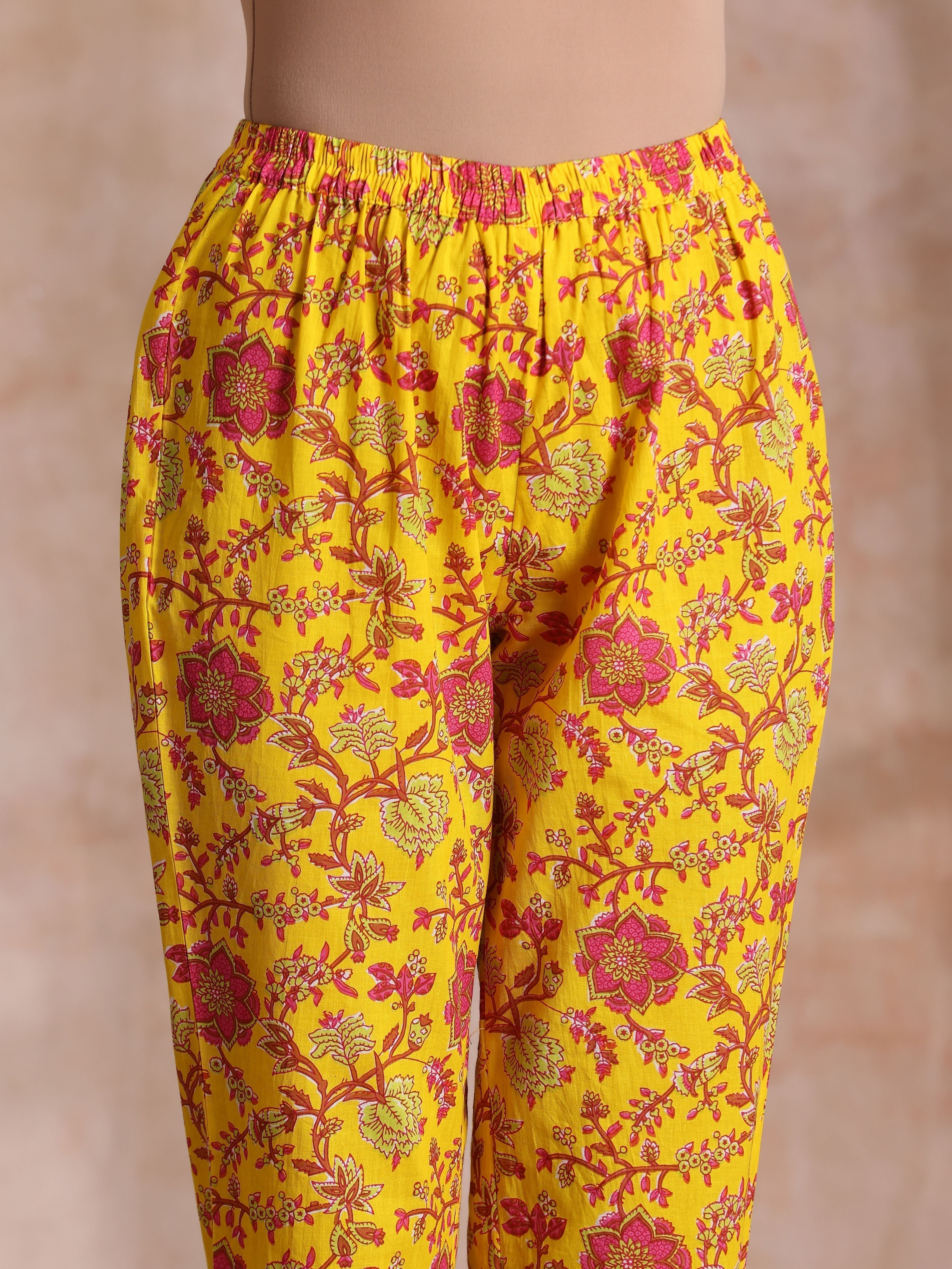 Sunshine Yellow Overall Floral Block Print Cotton Kurta Pant Dupatta Set