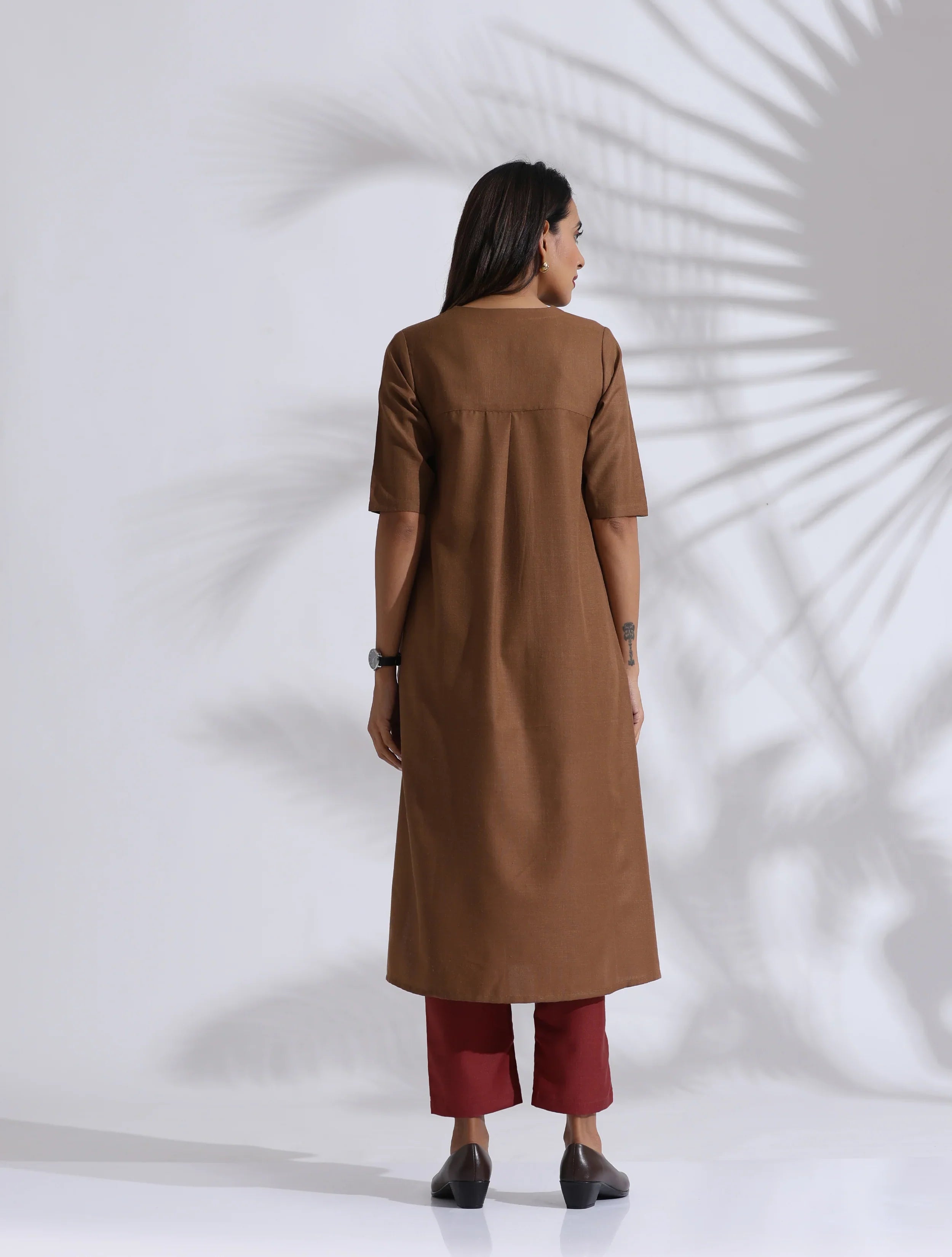 trueBrowns Brown Slub Highslit Kurta Set