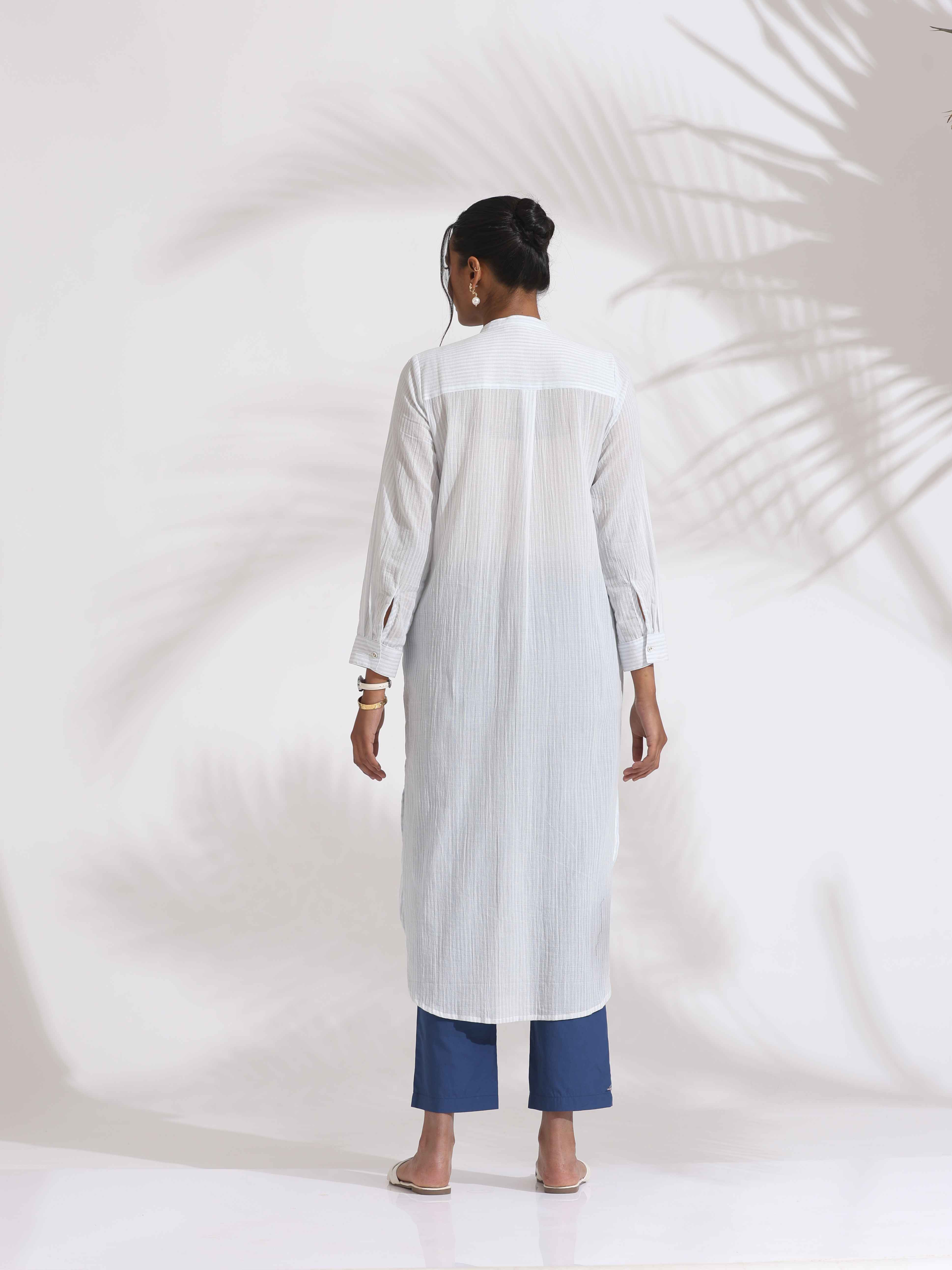 trueBrowns White Cotton Stripe Pleated Shirt Kurta Set