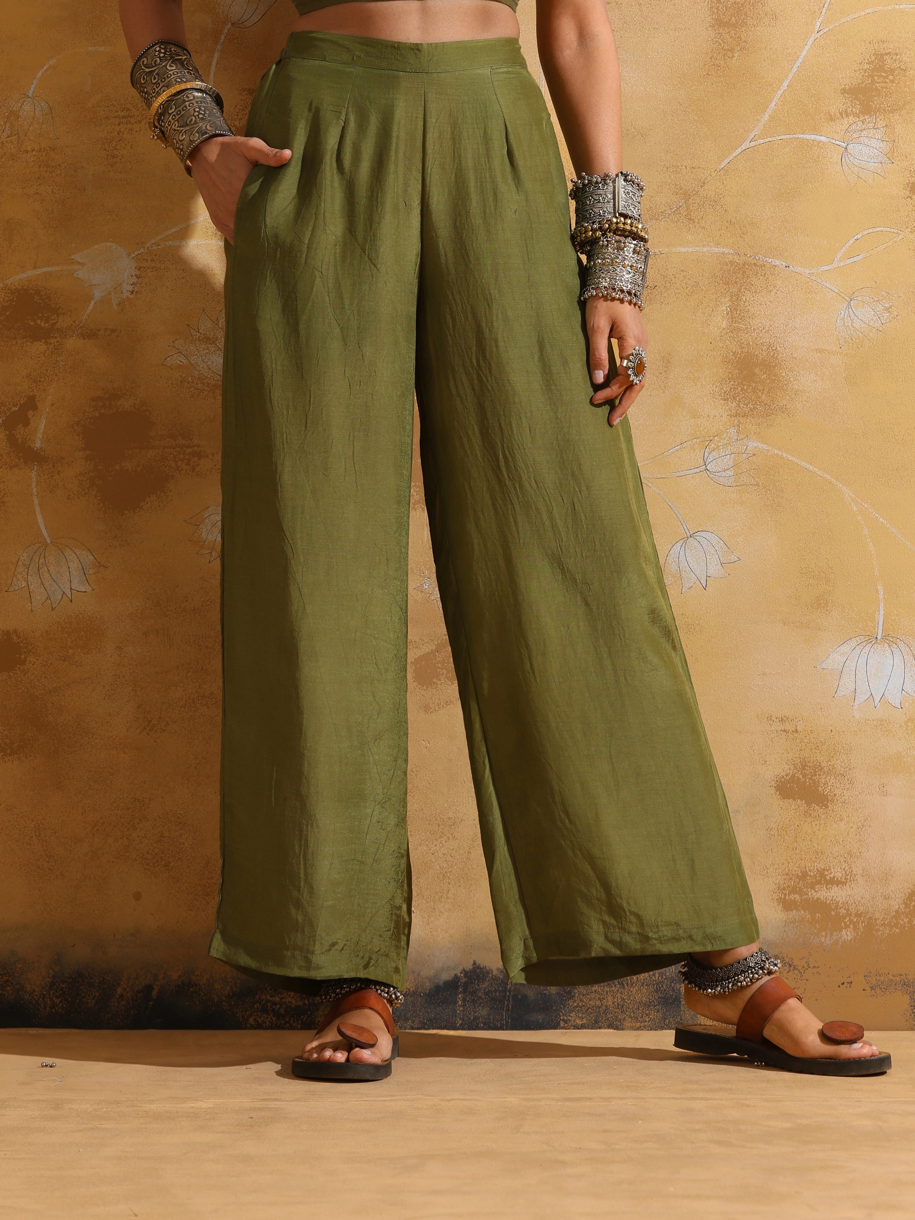 trueBrowns Green Pink Floral Print Muslin Silk Jacket Set