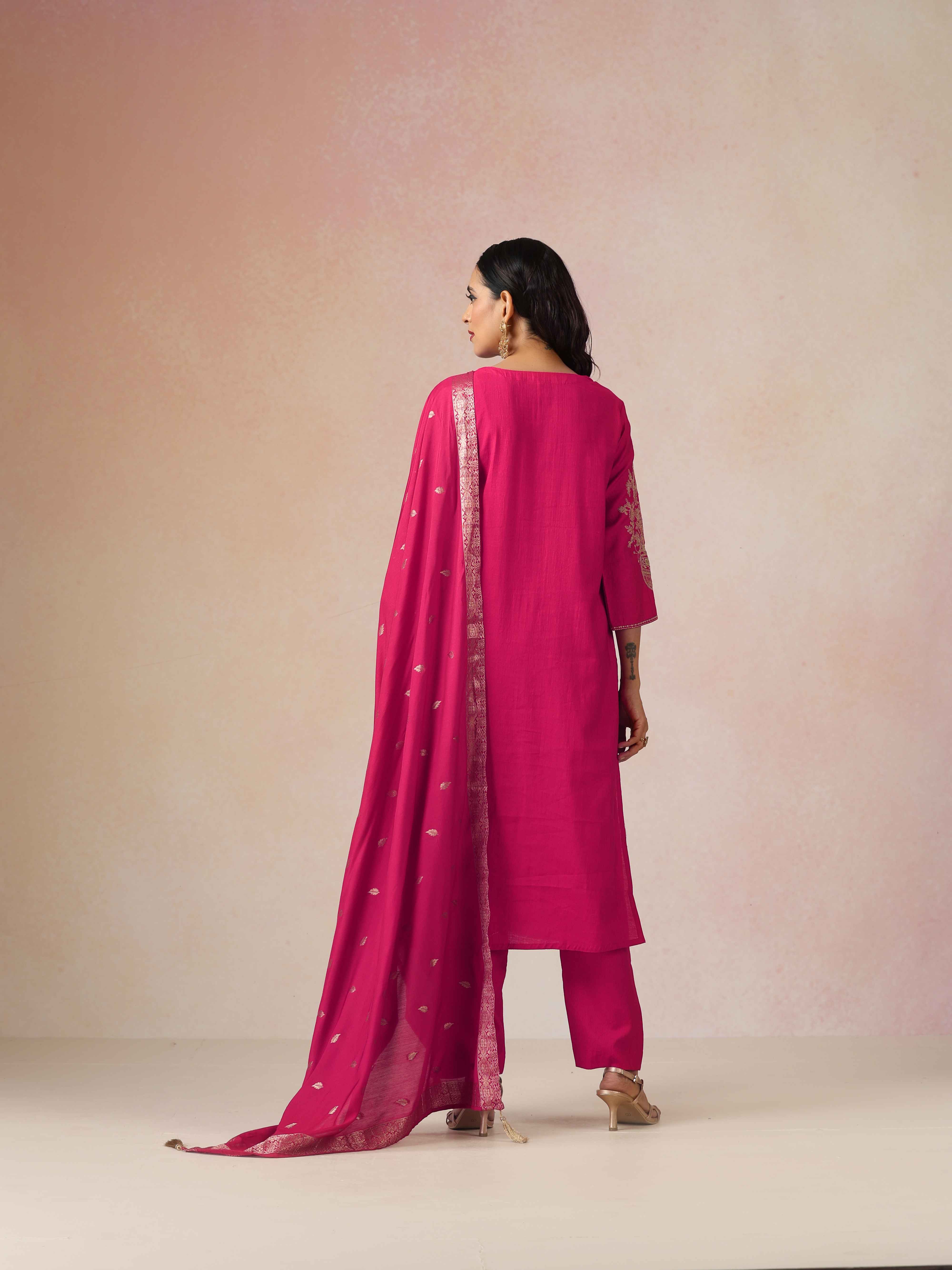 trueBrowns Pink Embroidered Straight Kurta Pant Dupatta Set