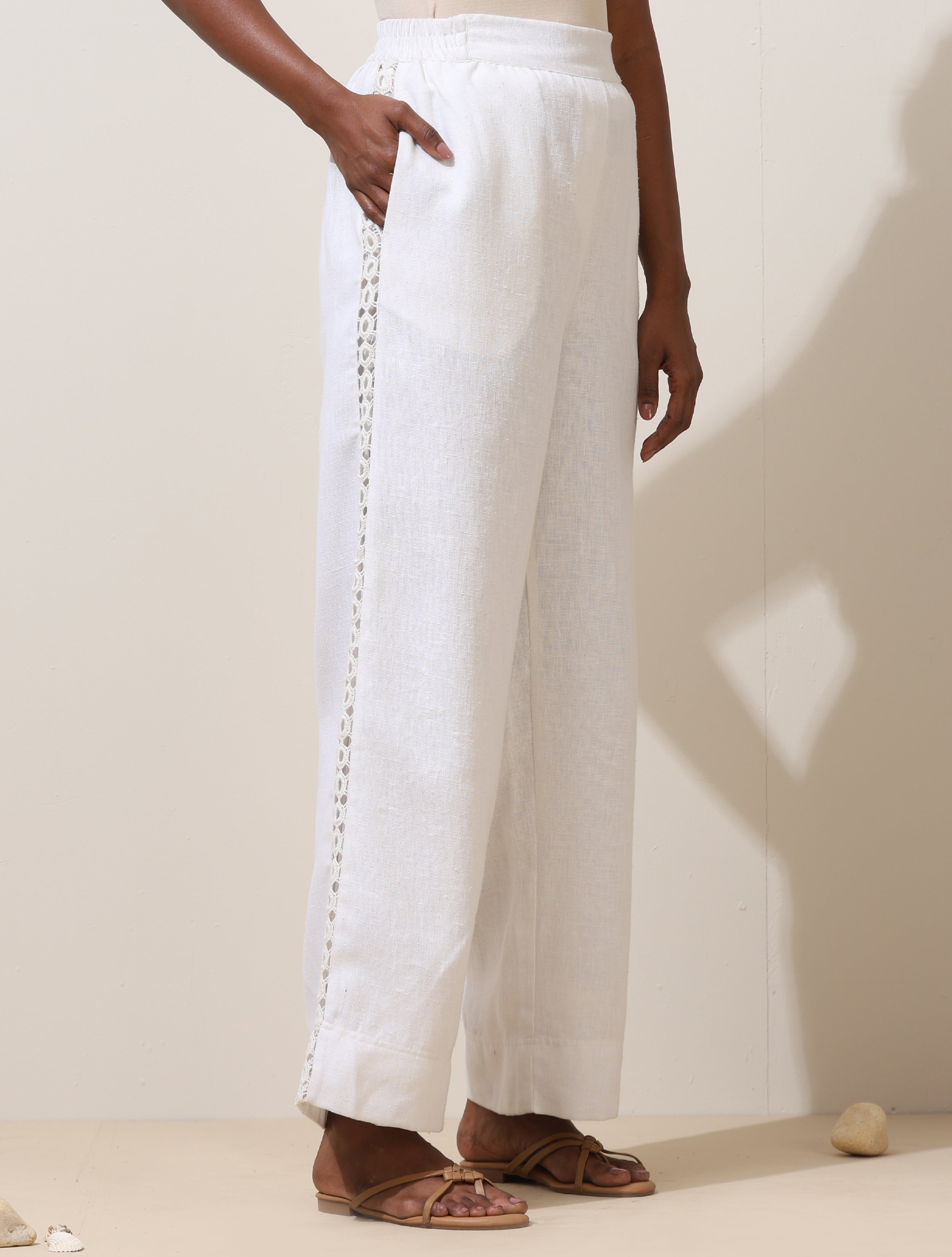trueBrowns Attar White Crochet Natural Cotton Shirt Co-ord Set