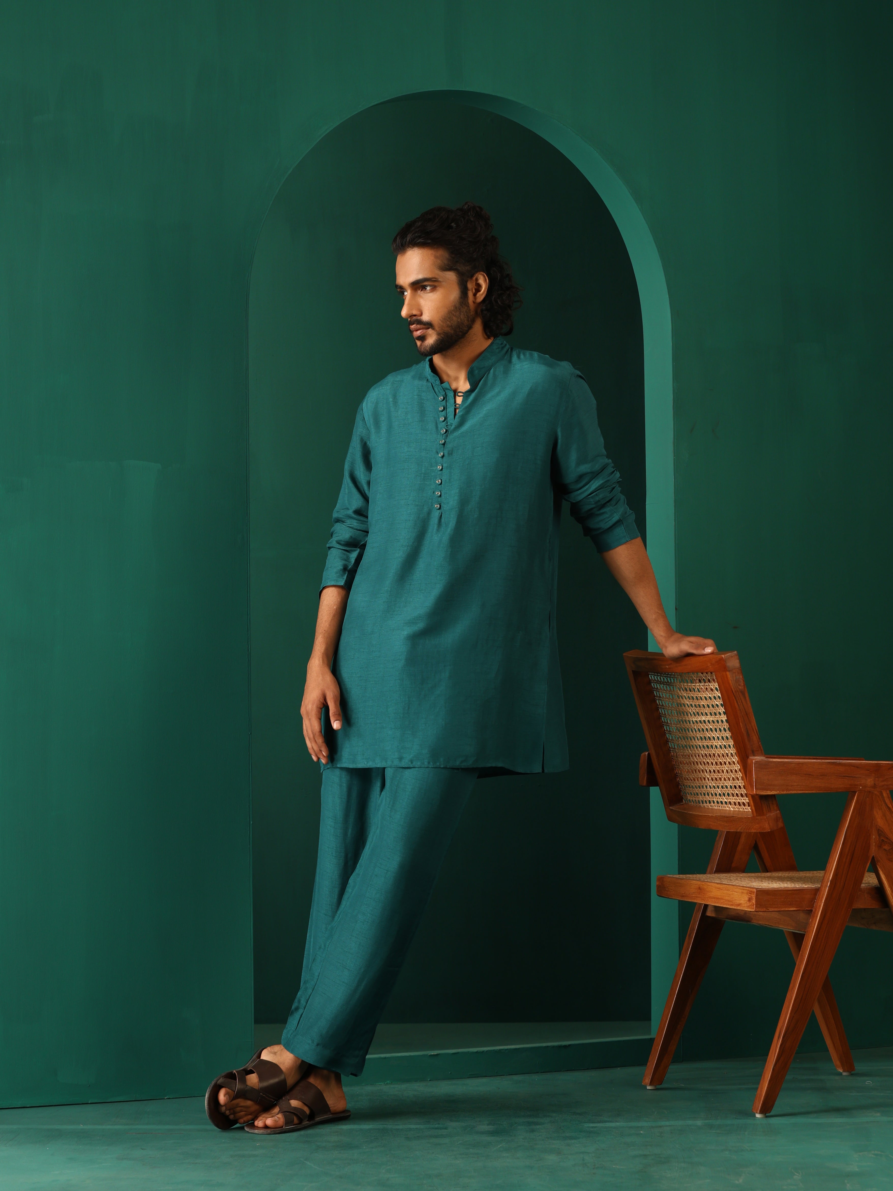 trueBrowns Men Teal Silk Co-ord Set