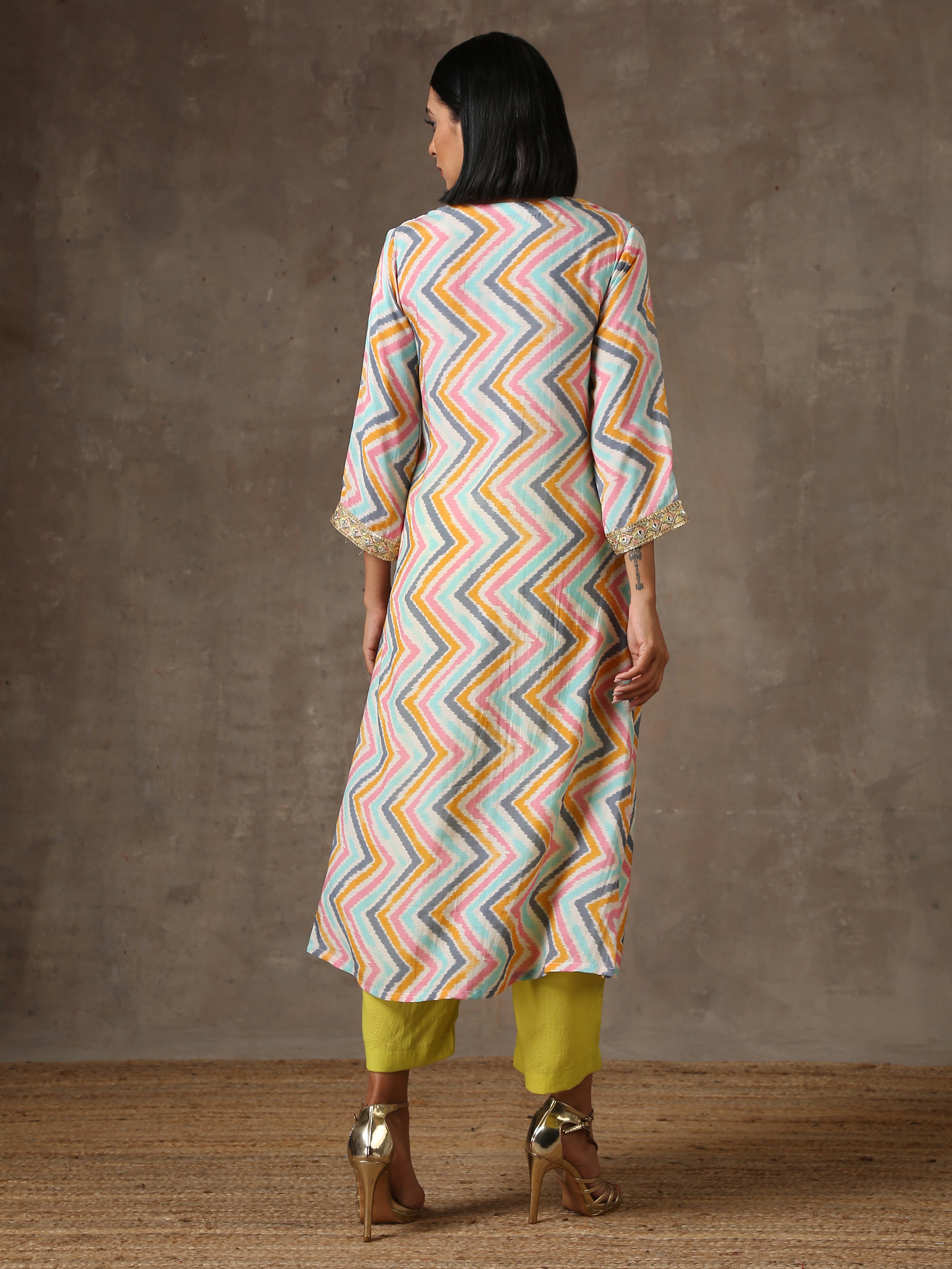 Multicolour Lehariya Printed Silk Kurta Pant Set