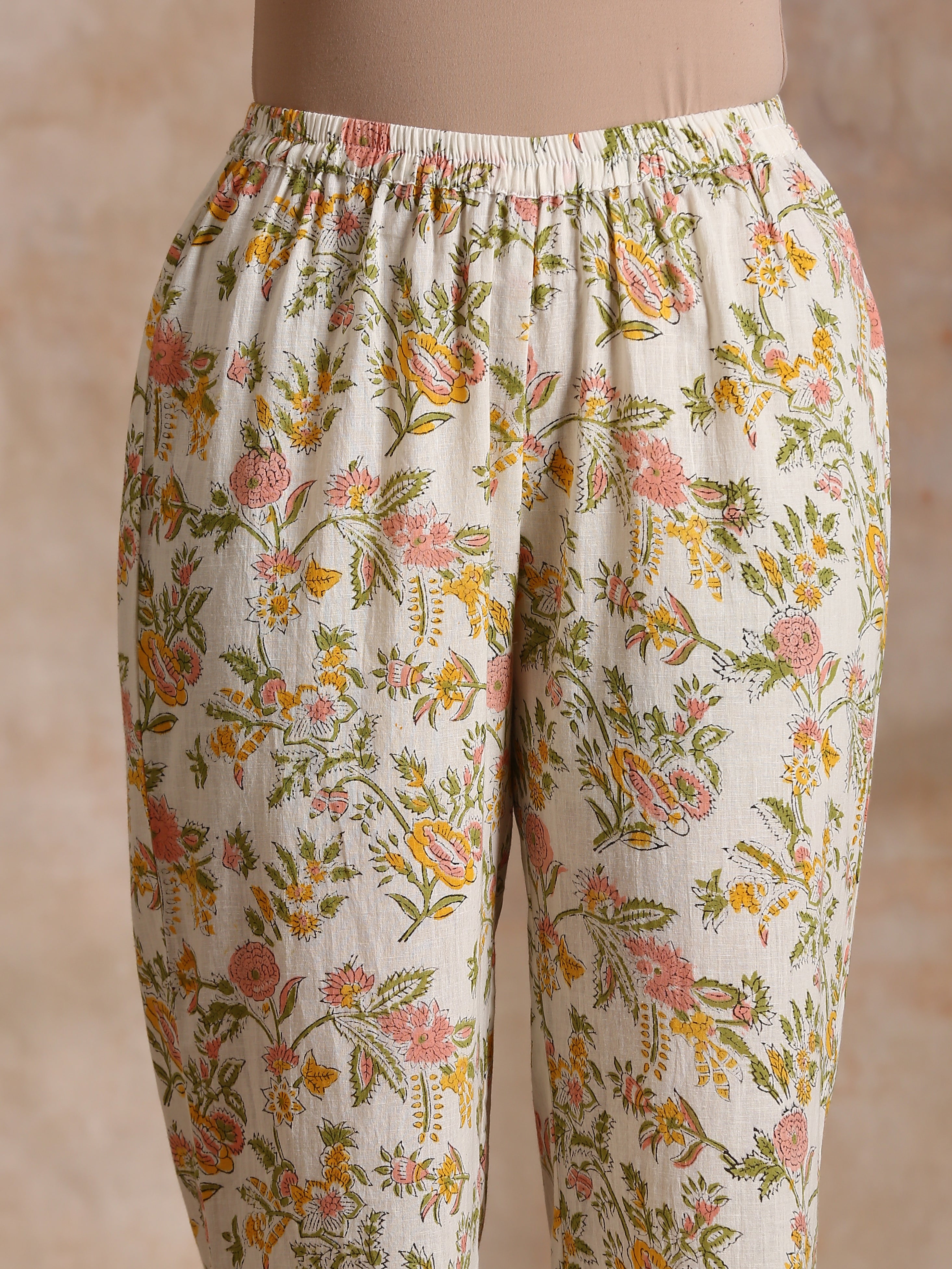 White Multi Color Overall Block Print Cotton Kurta Pant Set