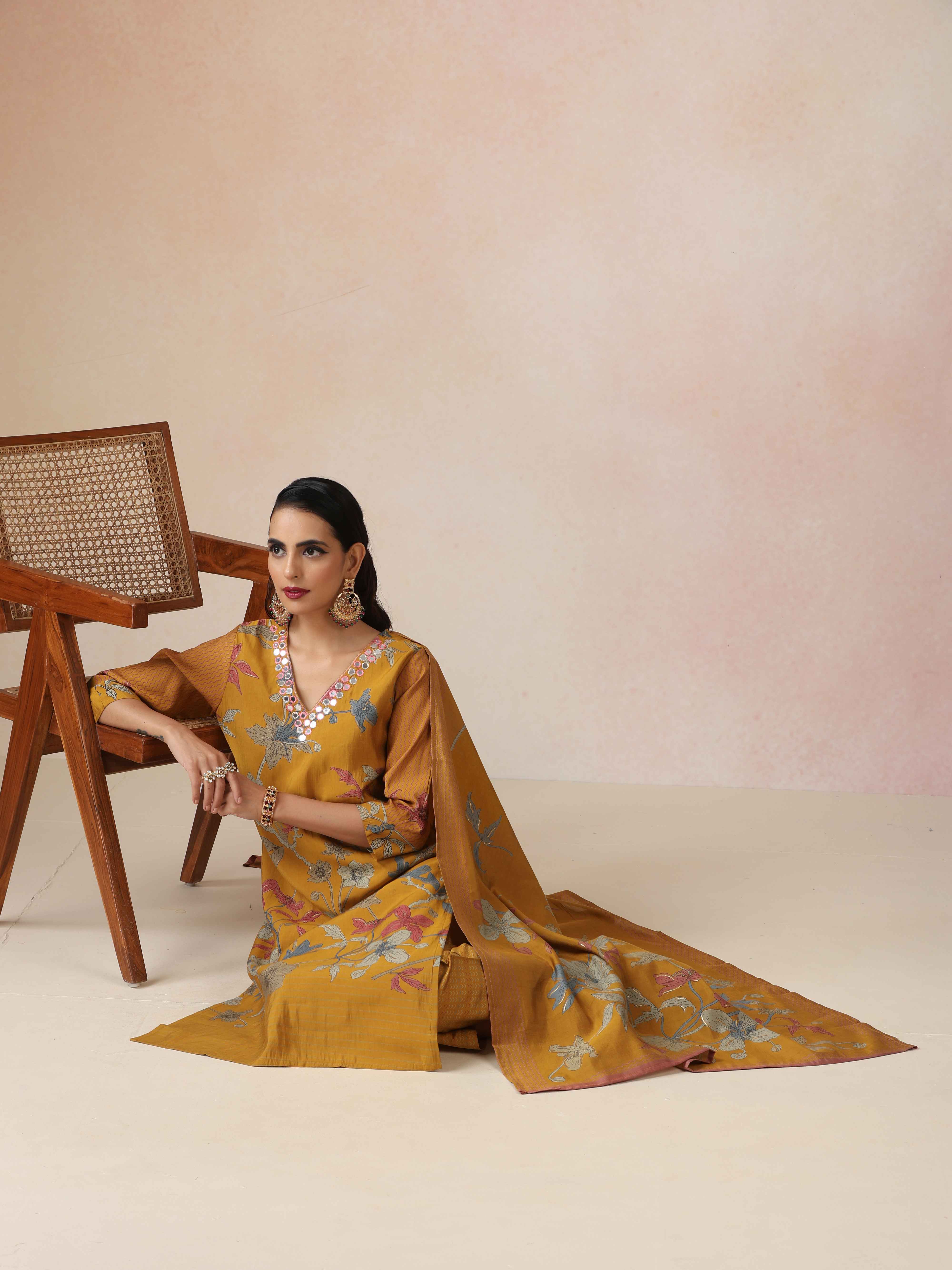 trueBrowns Yellow Embroidered Straight Kurta 3pc Set