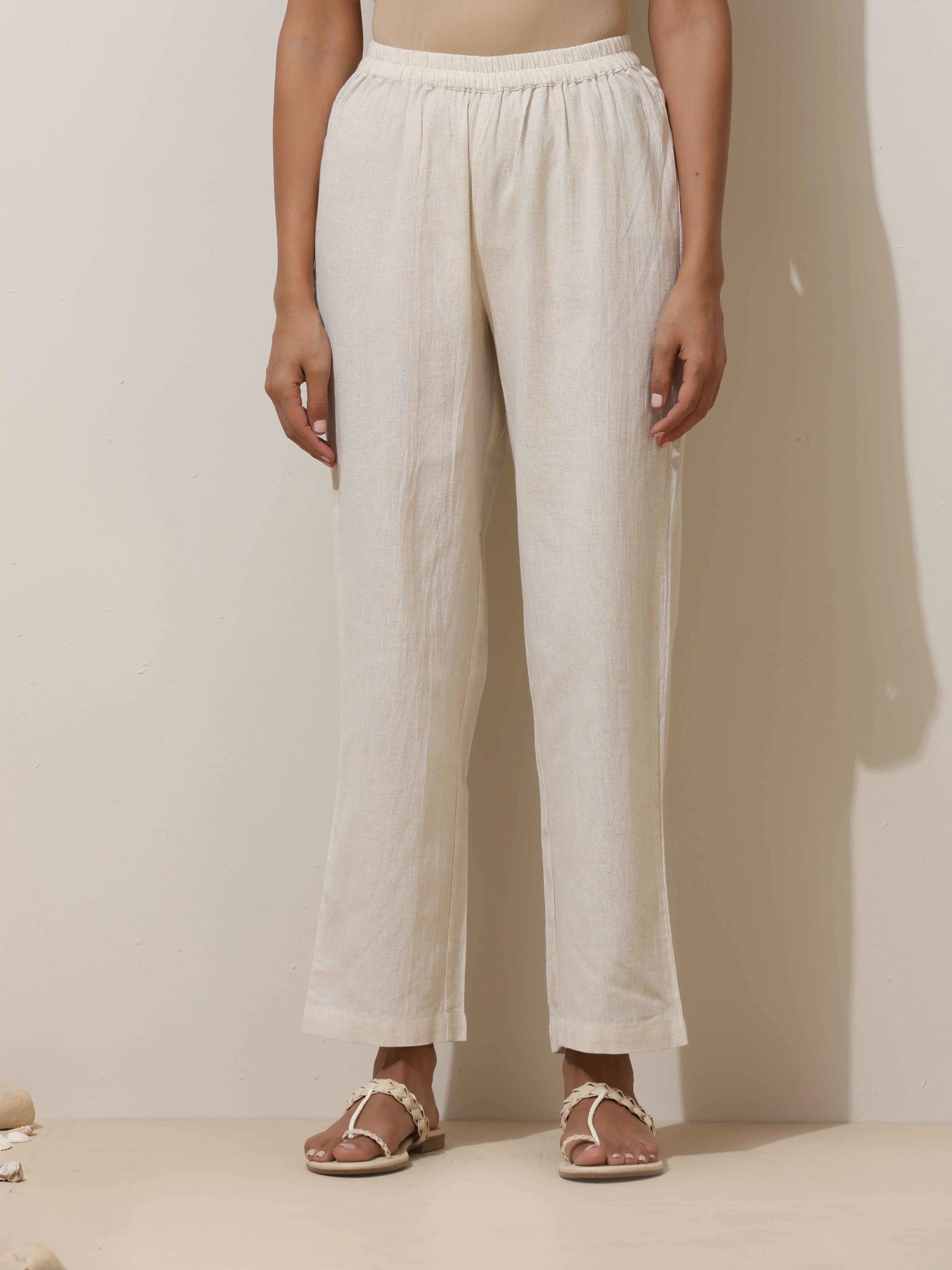 trueBrowns Off White Cotton Linen Angrakha Kurta Pant Set