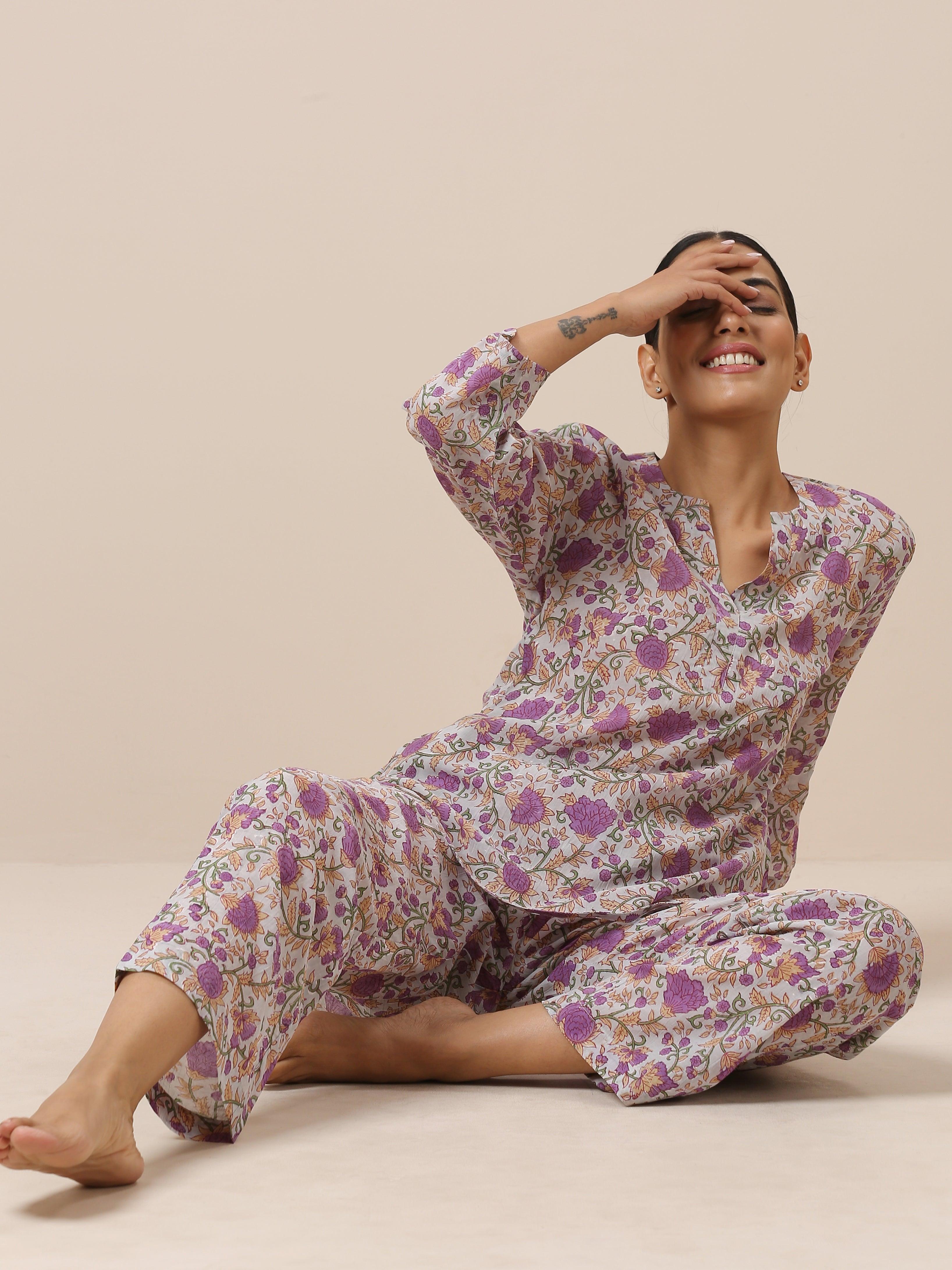 Cotton Hand Block Printed Purple Co-Ord Set - trueBrowns