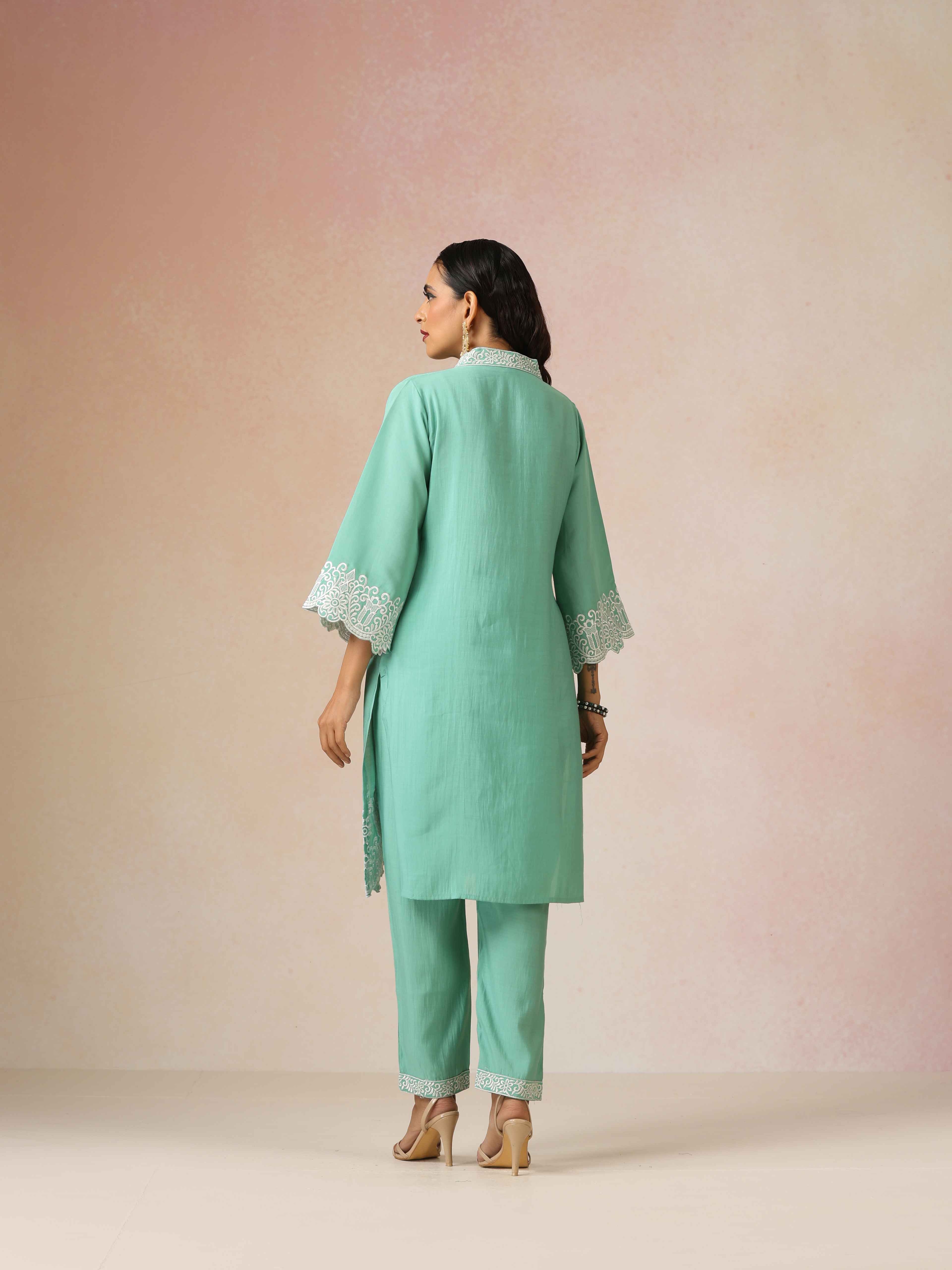 trueBrowns Mint Green Embroidered Straight Kurta Co-Ord Set