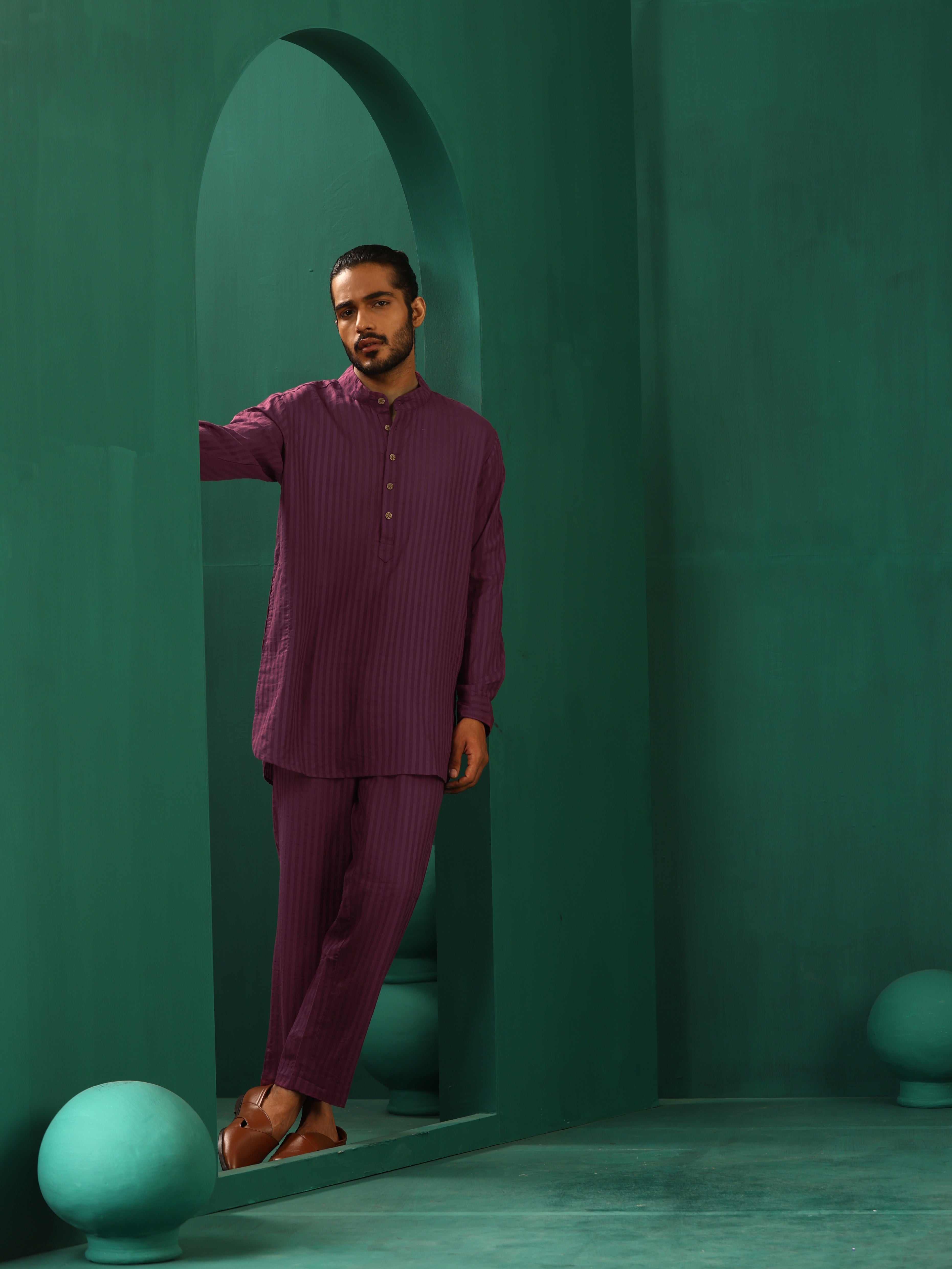 trueBrowns Men Purple Dobby Co-ord Set