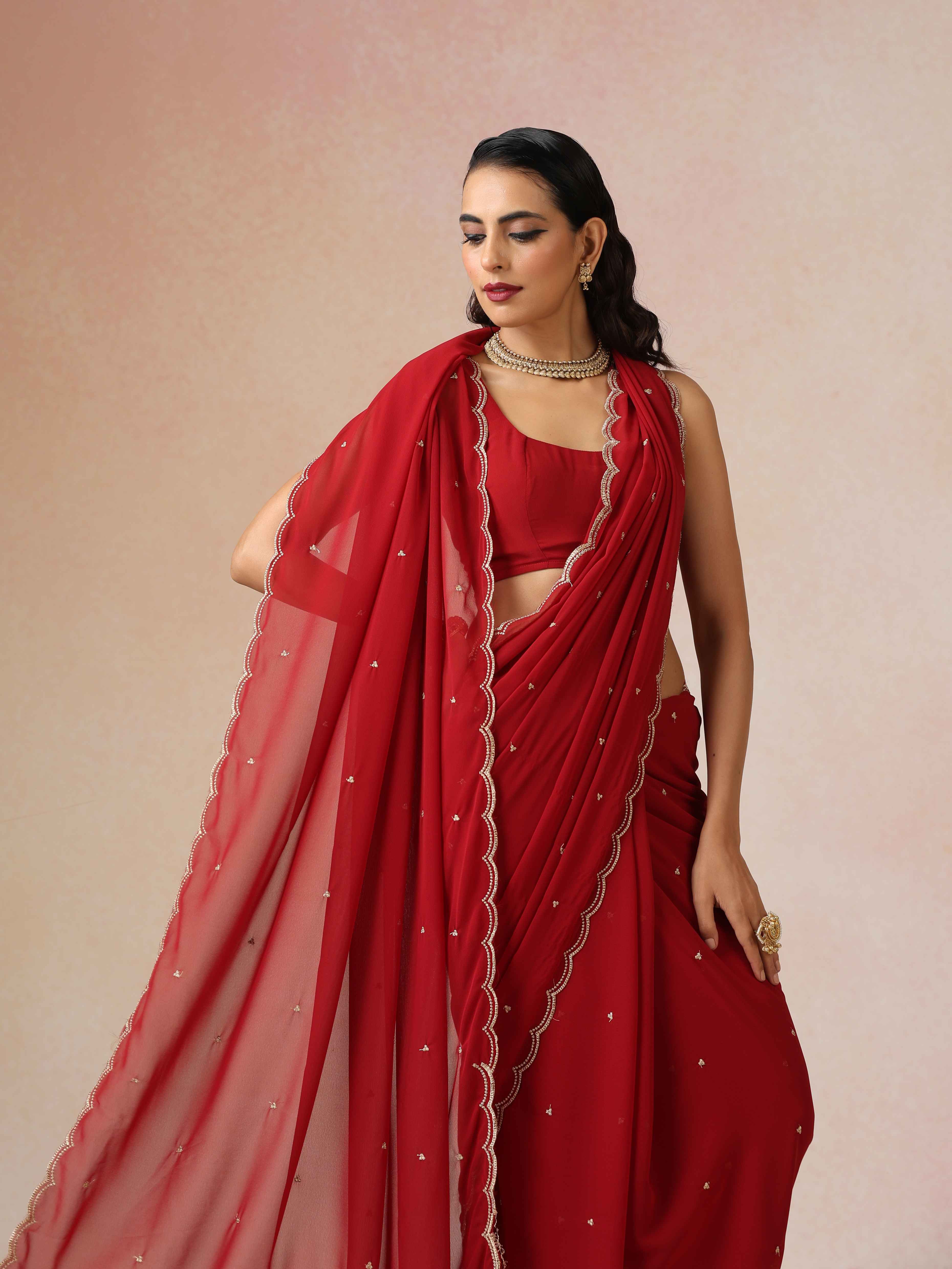 trueBrowns Maroon Georgette Embroidered Saree With unstitched Blouse