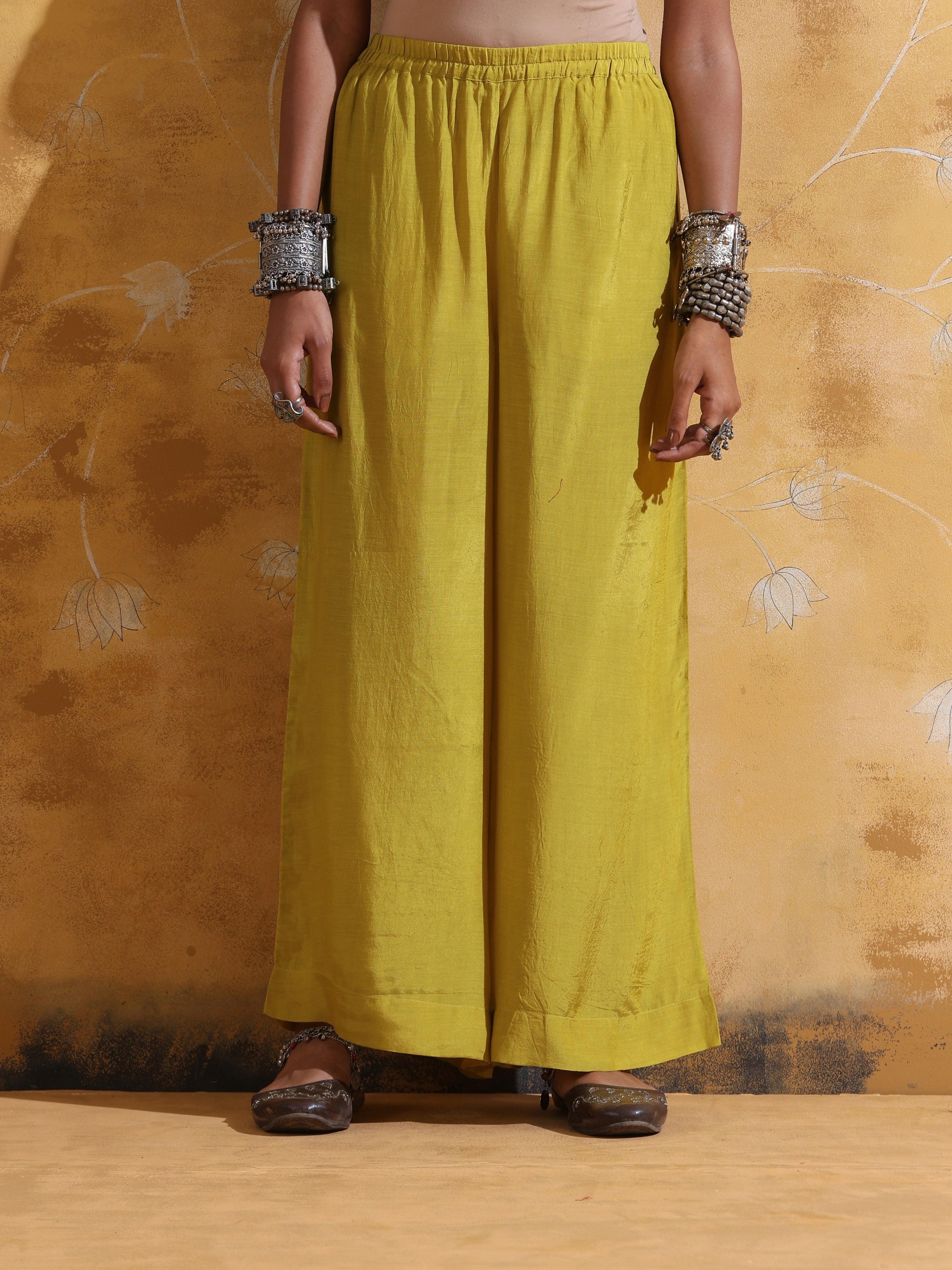 trueBrowns Lime Muslin Silk Co-ord Set with Flared Pants