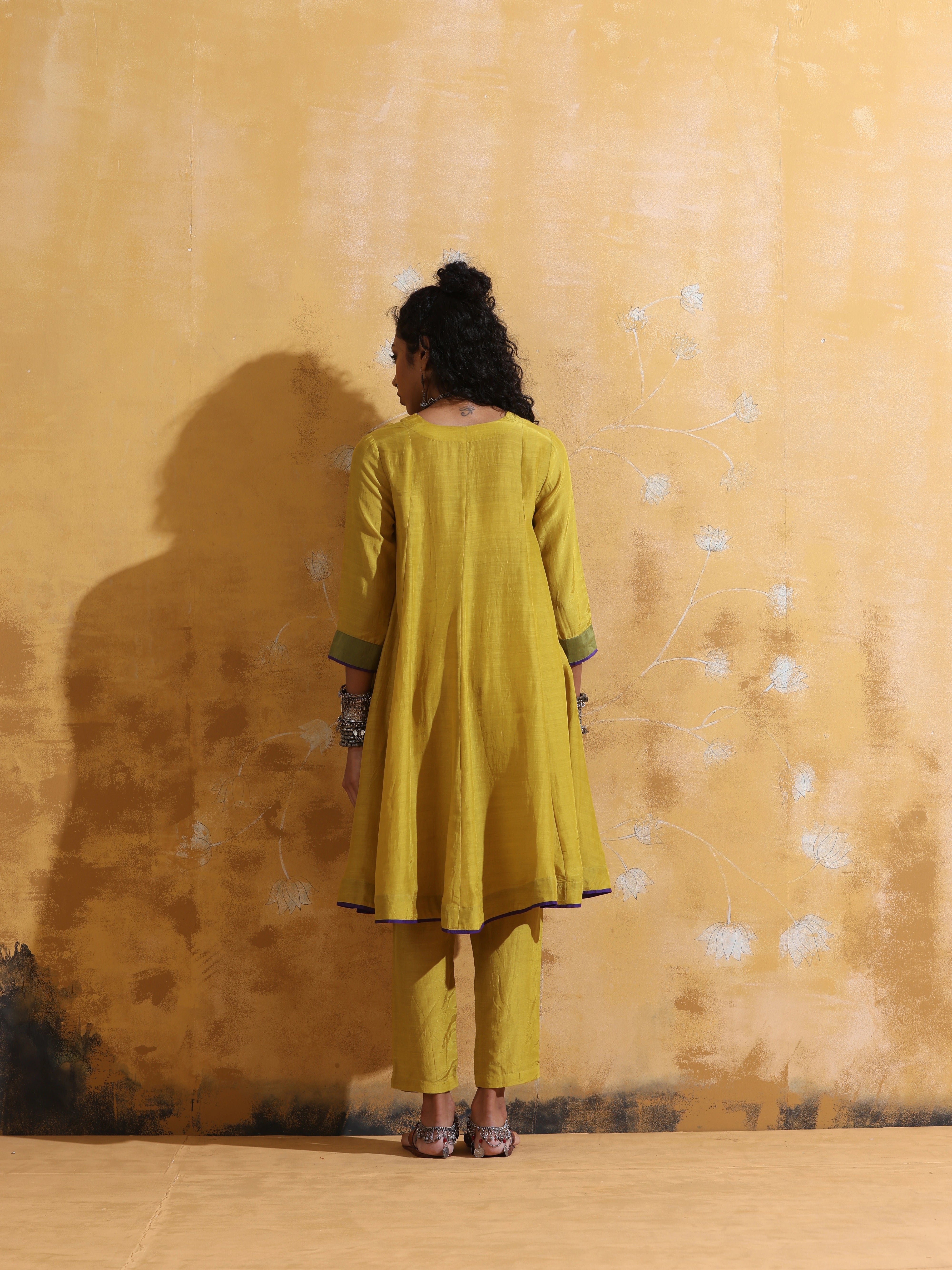 trueBrowns Lime Muslin Silk Flared Kurta Co-ord Set