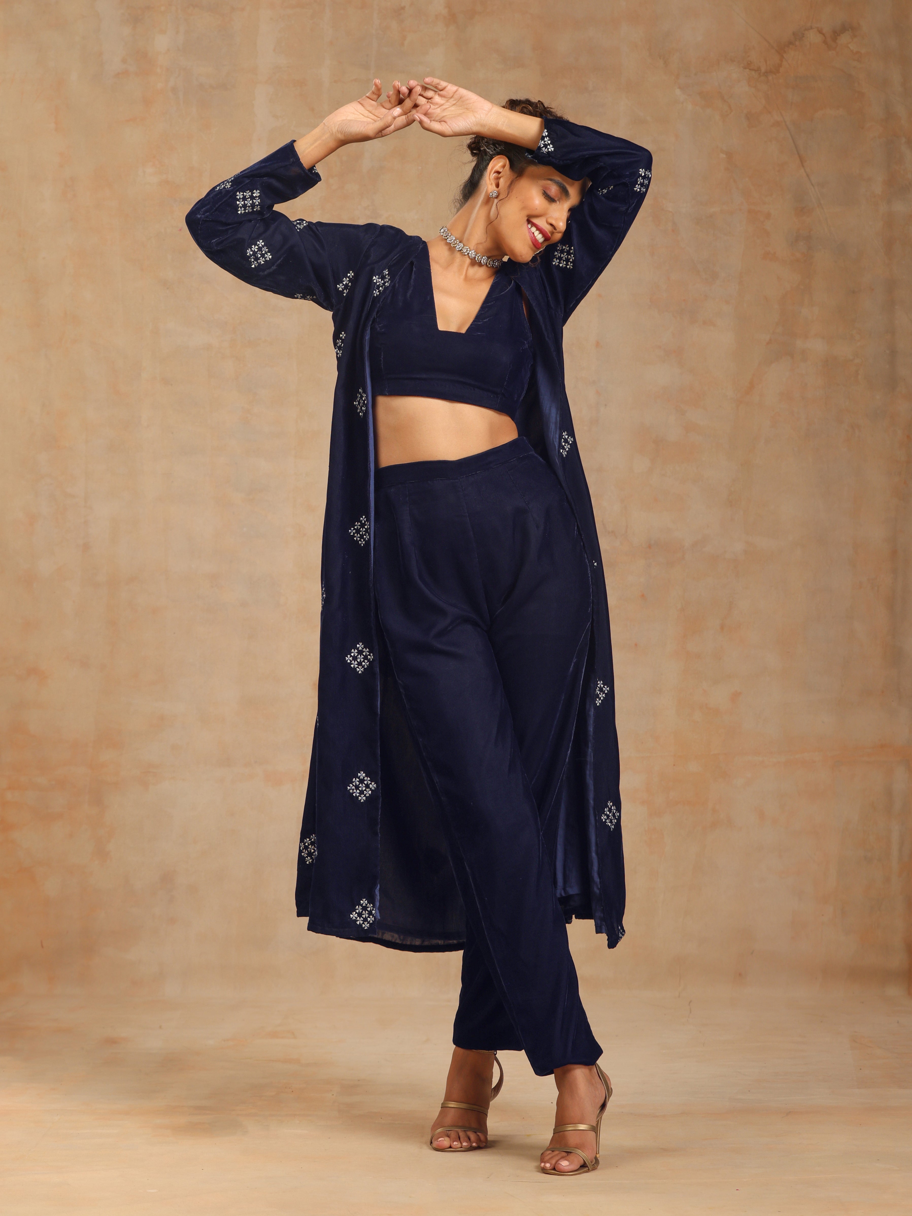 trueBrowns Midnight Blue Velvet Embroidered Jacket Set | Relove