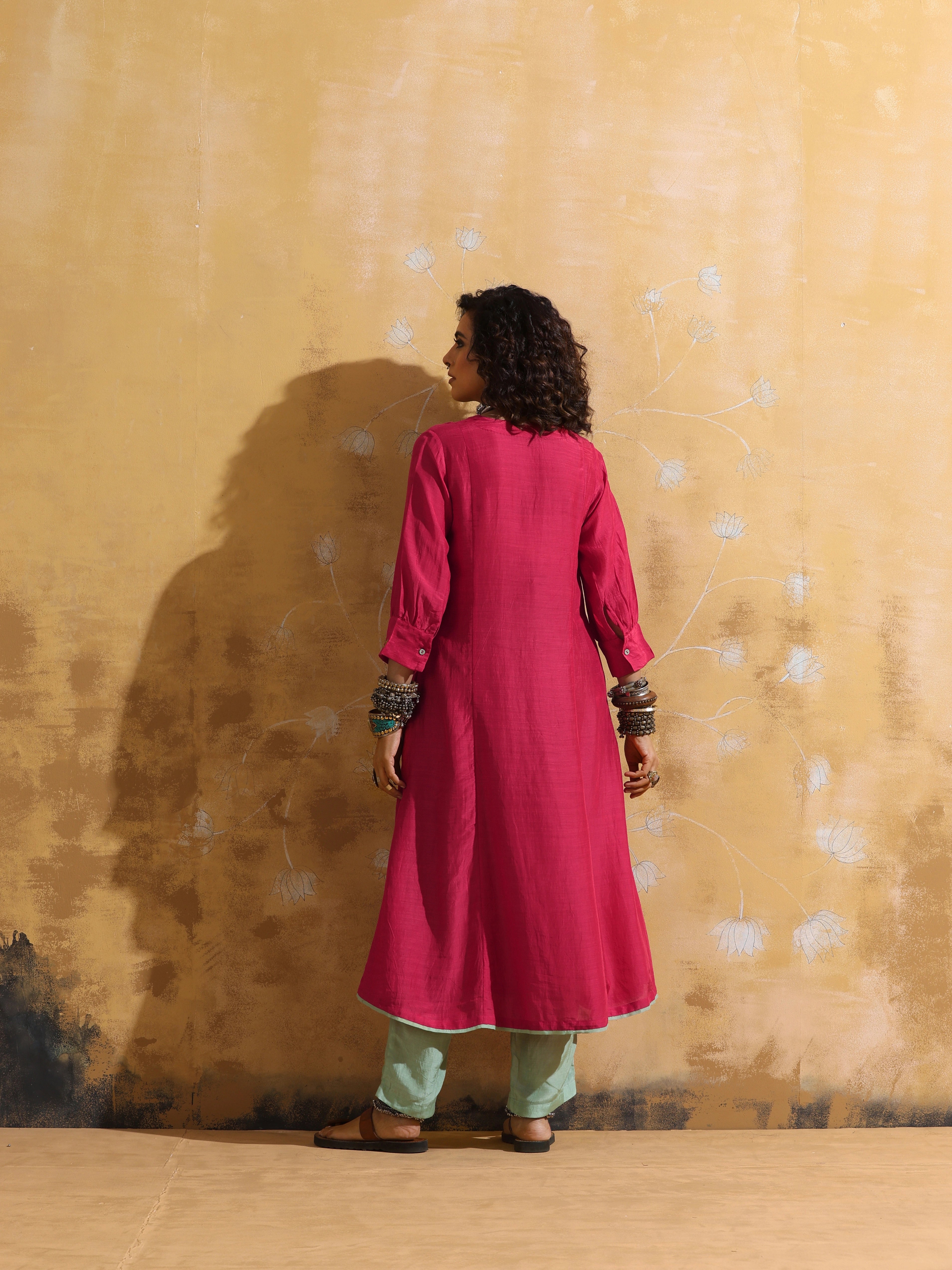 trueBrowns Pink Muslin Silk A-line Kurta Pant Set