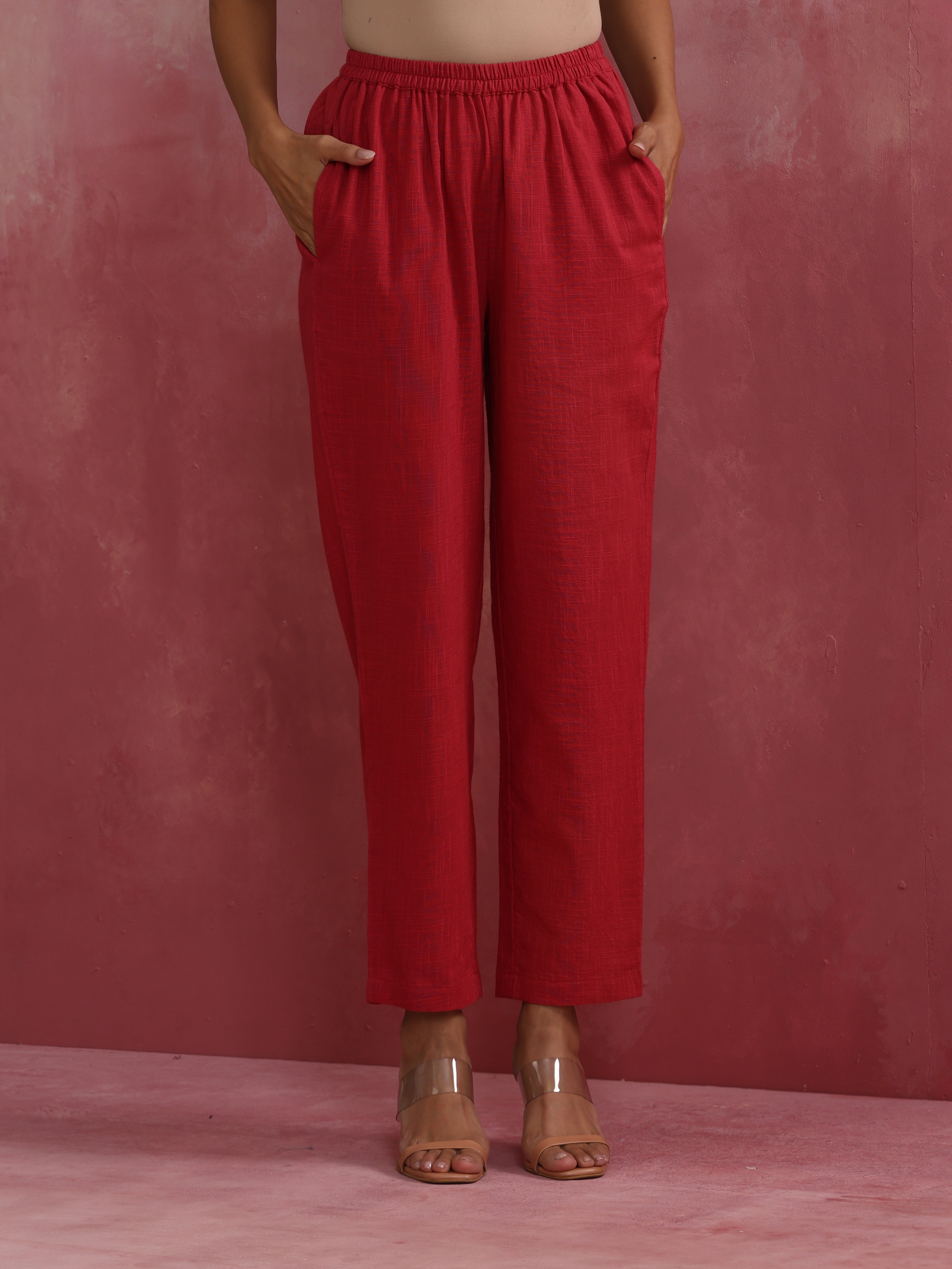 trueBrowns Red Straight Cotton Dobby Kurta Set