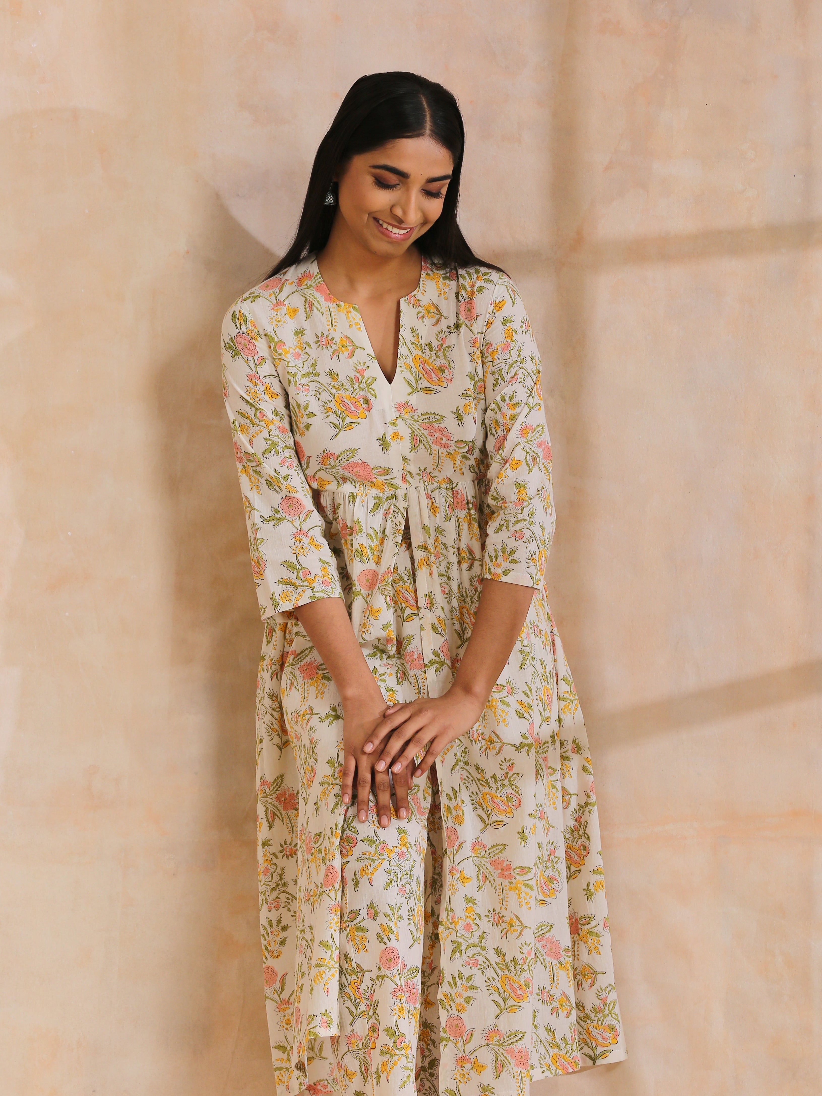 White Multi Color Overall Block Print Cotton Kurta Pant Set