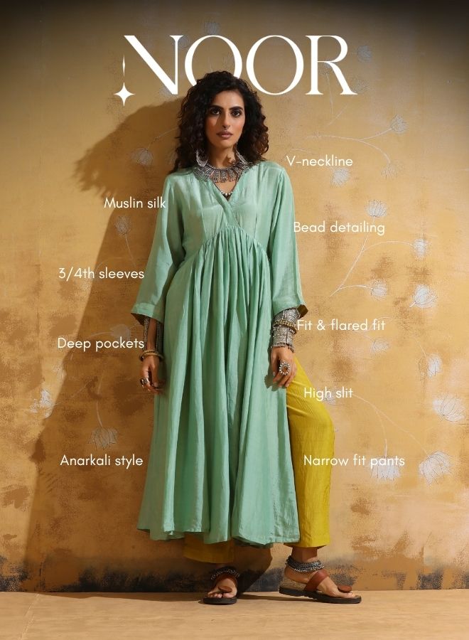trueBrowns Mint Green Muslin Silk Anarkali Kurta Pant Set