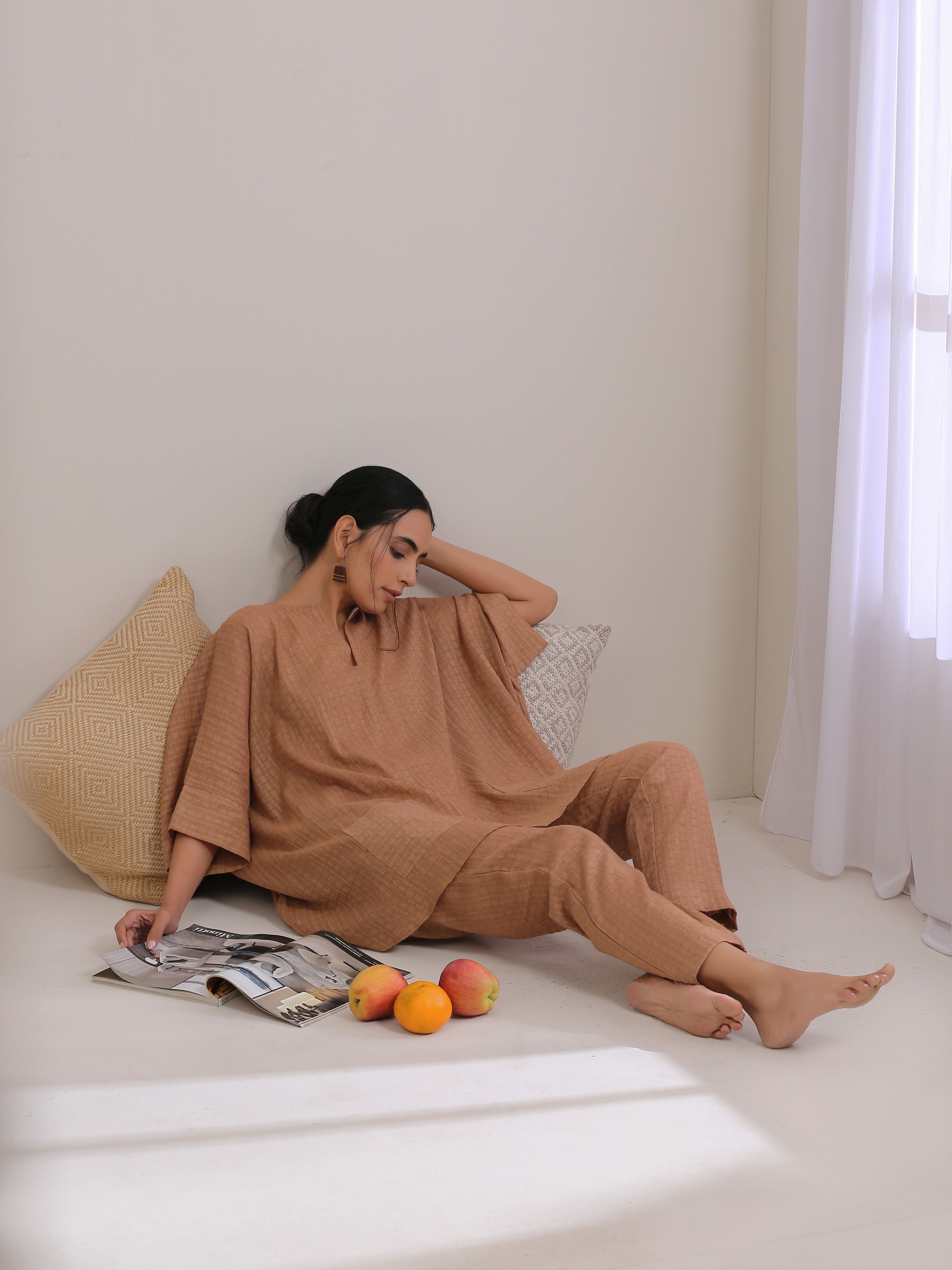 Beige Dobby Boxy Fit High-Low Co-Ord Set