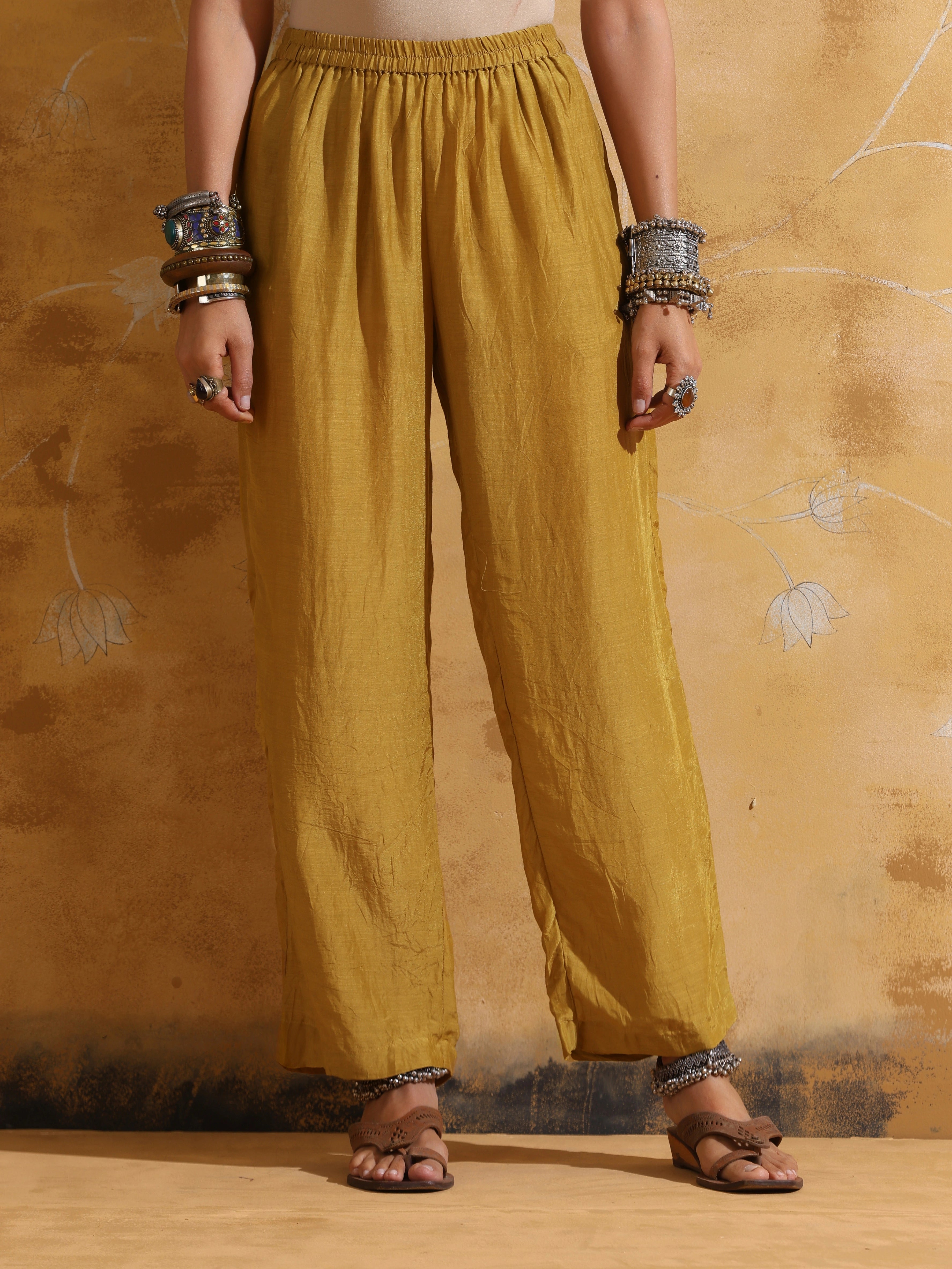 trueBrowns Mint Mustard Jaal Print Muslin Silk Co-ord Set